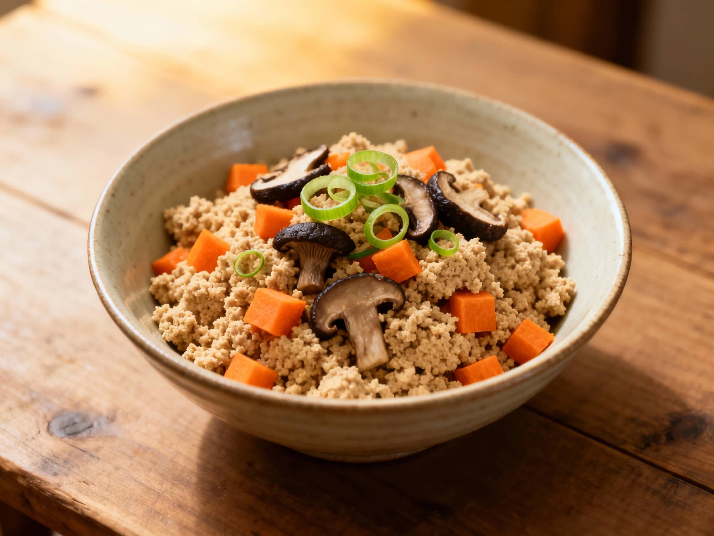 An inviting, shallow ceramic bowl filled with Okara. The finely textured, light brown soy pulp is visible, mixed with vibrant diced carrots, slivers of dark shiitake mushrooms, and thin green scallion rings. The scene is set on a simple, well-worn wooden table, lit by soft, diffused daylight, highlighting the rustic and wholesome nature of the dish from a slightly overhead perspective that emphasizes its texture and ingredients.
