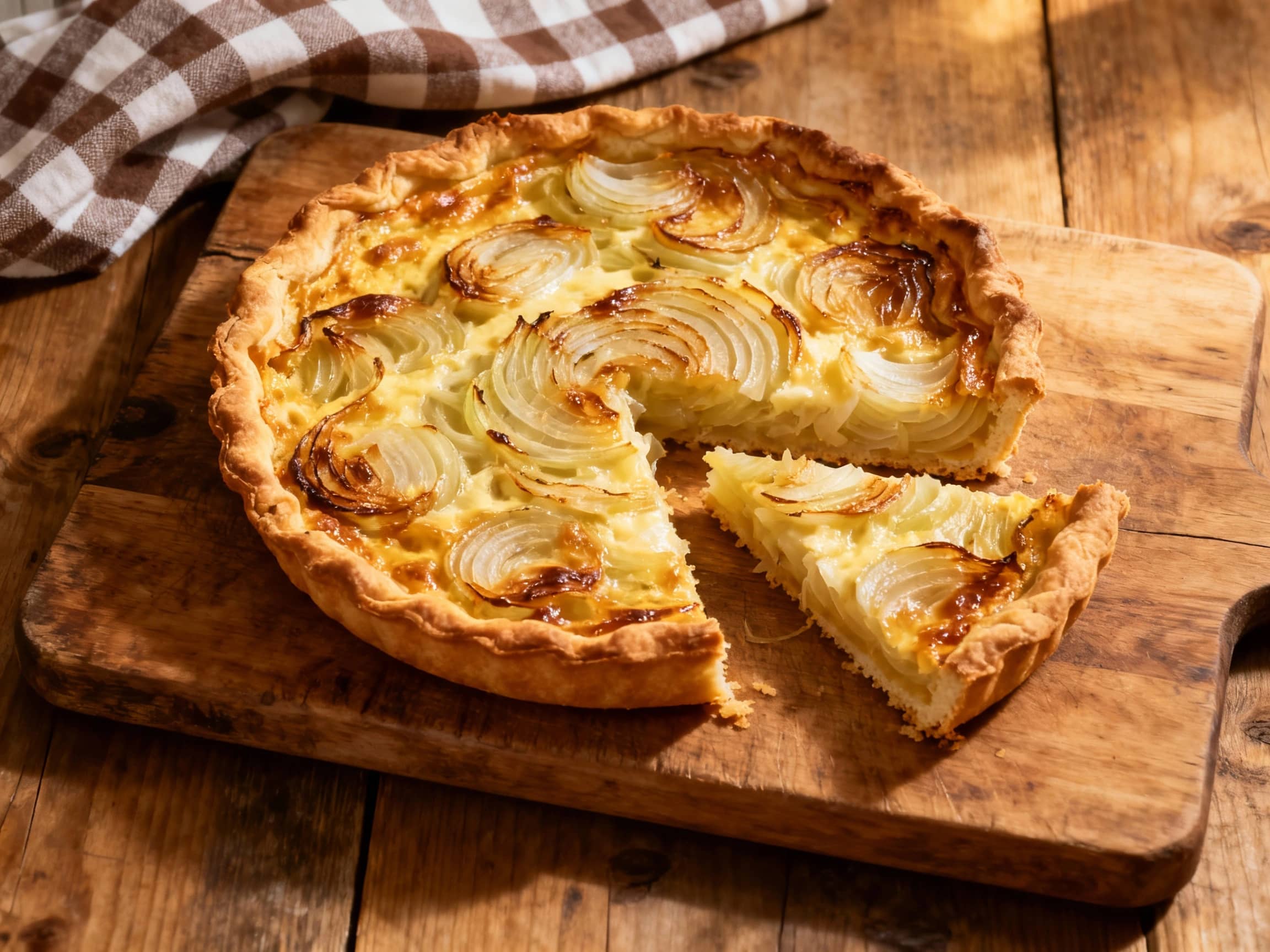 A warm, golden-brown Tarte à l'oignon, freshly baked, showing a rich, creamy onion filling on a crisp, flaky pastry crust. The surface has a subtle golden-brown hue, indicating perfect caramelization. A slice has been removed, revealing the tender layers within. It's presented on a rustic wooden cutting board, with a checkered cloth in the background, set in a cozy Alsatian kitchen with soft, inviting light. Overhead view, comforting and authentic.