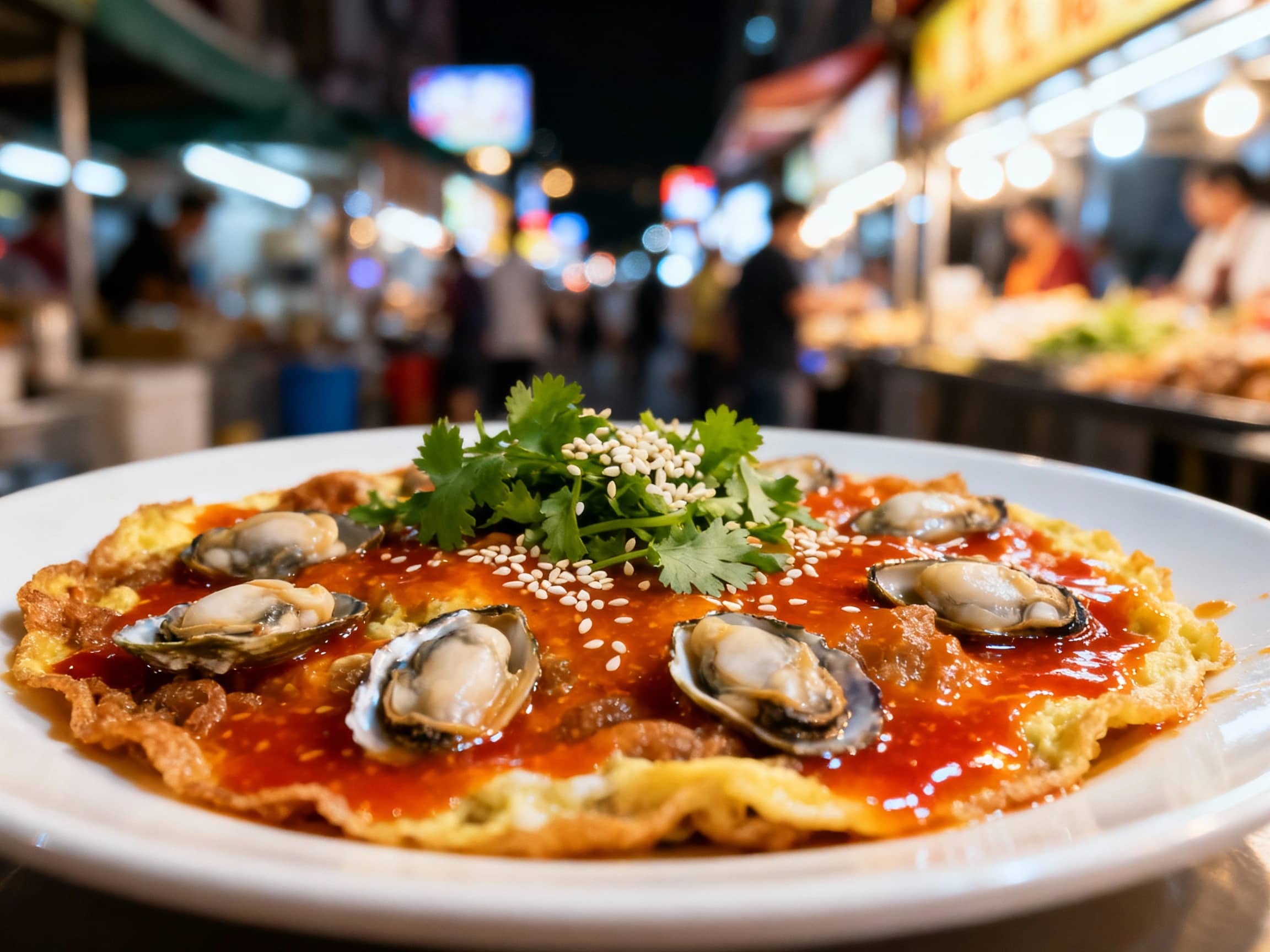 A vibrant Oyster Omelet (O-Ah Jian) served on a simple white plate, glistening with a generous layer of reddish-orange sweet and spicy sauce. Plump, fresh oysters are visible within the slightly browned, chewy omelet. Finely chopped cilantro and a sprinkle of white sesame seeds add garnish. The background is slightly blurred, suggesting a busy night market stall. Natural, slightly warm lighting. Eye-level shot, focusing on the texture and sauce.