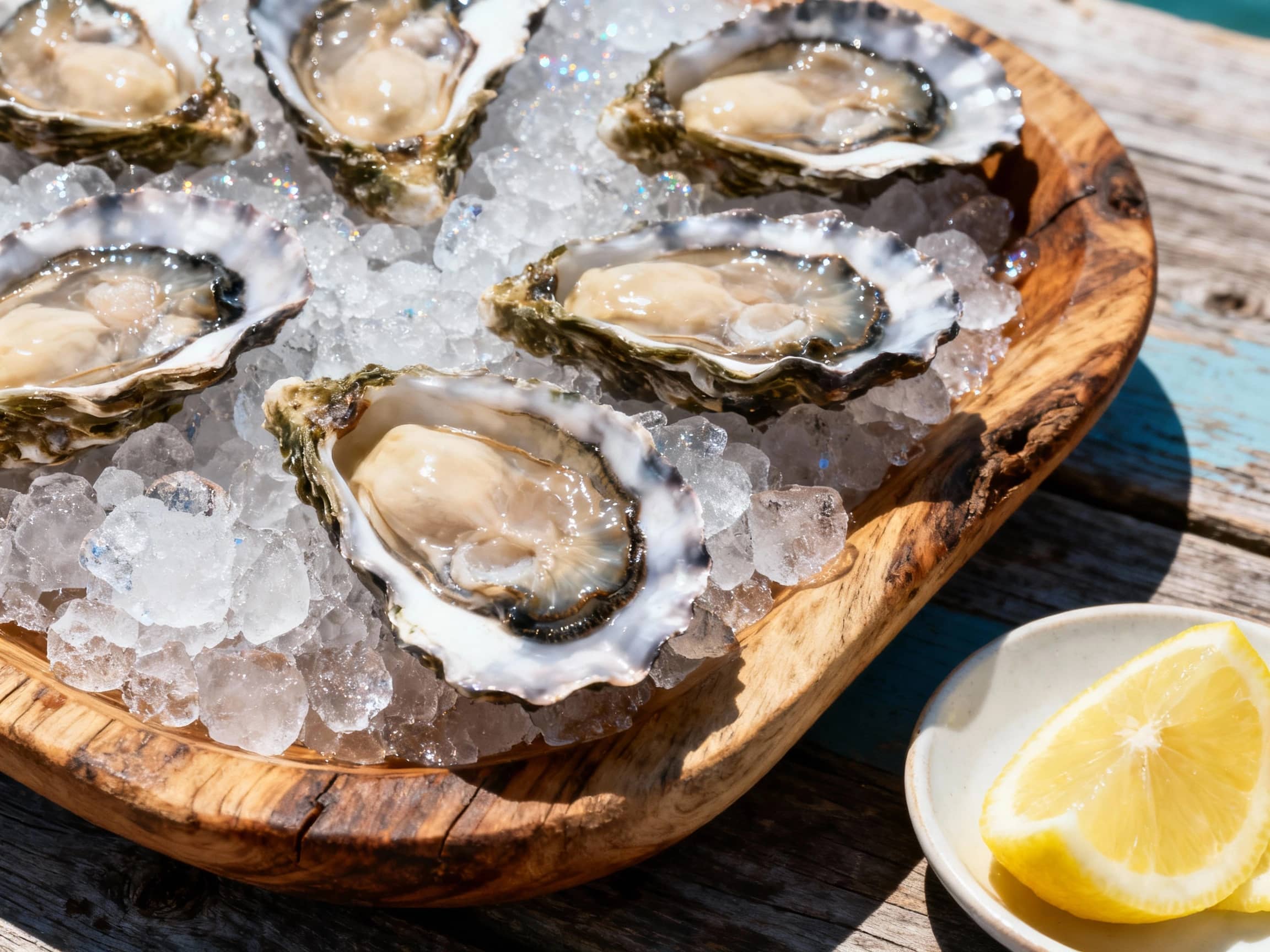 A close-up of freshly shucked Bluff oysters on a bed of crushed ice, presented on a rustic wooden platter. Each oyster is plump and glistening, nestled in its deep shell. A small dish of lemon wedges sits nearby. The lighting is bright and natural, suggesting an outdoor setting near the coast. The view is from a slightly elevated angle, capturing the pristine quality and oceanic freshness.