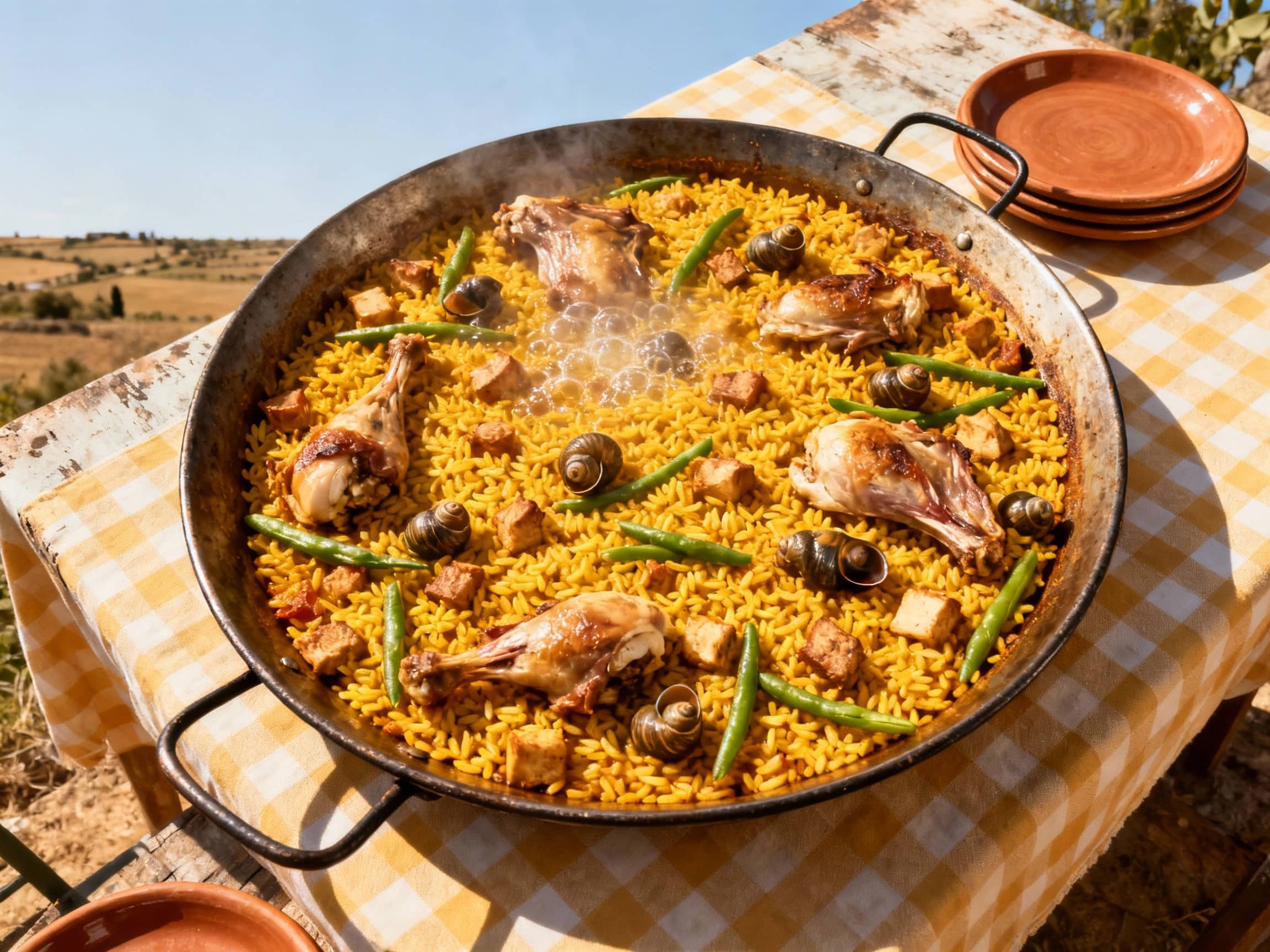 An authentic Paella Valenciana is presented in a large, shallow, traditional paella pan, bubbling slightly with perfectly separated grains of rice. Chunks of chicken, rabbit, green beans, and snails are scattered across the top. The pan rests on a rustic outdoor table with a checkered tablecloth, set against a backdrop of a Spanish countryside under a clear, bright sky. The viewpoint is directly overhead, emphasizing the vibrant colors and communal nature of the dish, with earthenware plates awaiting the feast. The atmosphere is festive and warm.