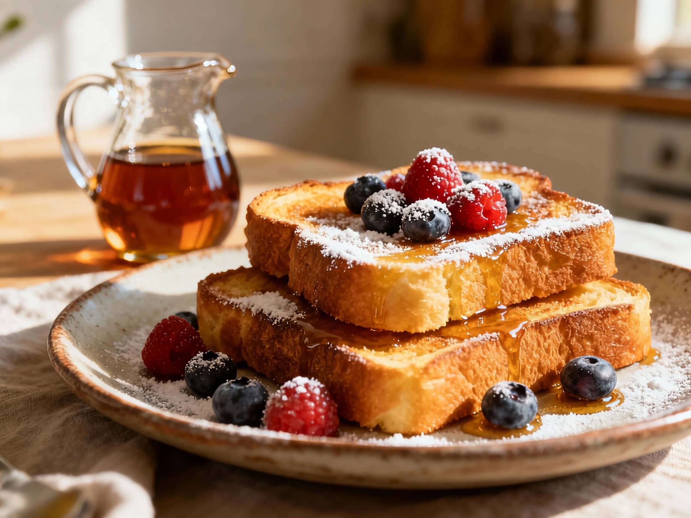 A rustic plate of golden-brown Pain Perdu, perfectly sliced, dusted with powdered sugar and garnished with fresh berries and a small pitcher of maple syrup. The setting is a cozy kitchen table with natural morning light streaming in, a warm, inviting atmosphere, captured from a slightly elevated, close-up perspective.