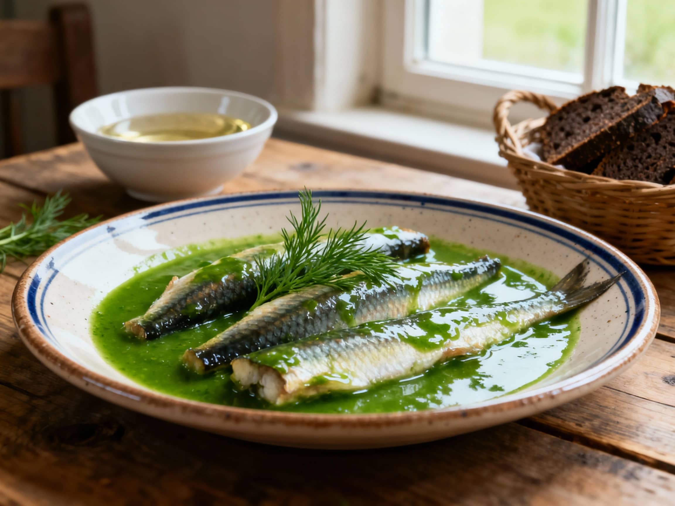 A serving of Paling in 't groen presented on a traditional Belgian ceramic plate. Tender pieces of eel are bathed in a vibrant, glossy green sauce, garnished with fresh dill sprigs. The plate rests on a rustic wooden table, with soft, diffused light filtering in from a nearby window, highlighting the dish's fresh color. A small bowl of white wine and a basket of dark rye bread are visible in the background. Medium shot, eye-level, natural daylight, authentic setting.