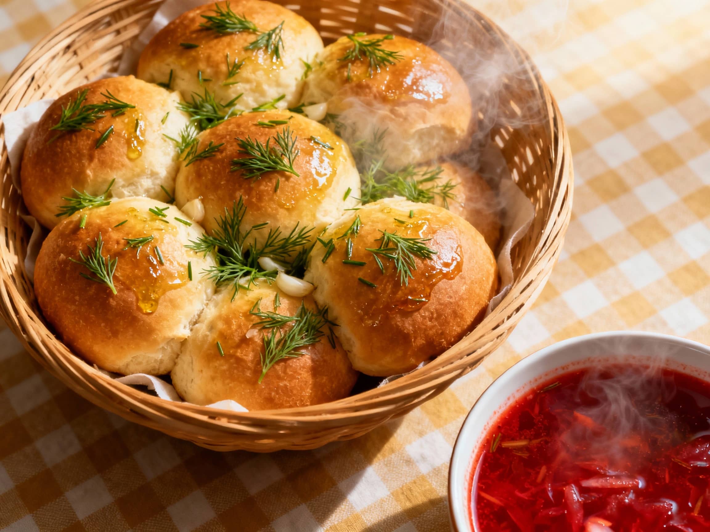 A warm basket filled with golden-brown Pampushky, shiny from a generous brushing of garlic oil, studded with finely chopped fresh dill, steam gently rising, placed on a checkered tablecloth next to a bowl of vibrant red Borscht, soft, inviting, diffused light from above, capturing a close-up, slightly overhead view.
