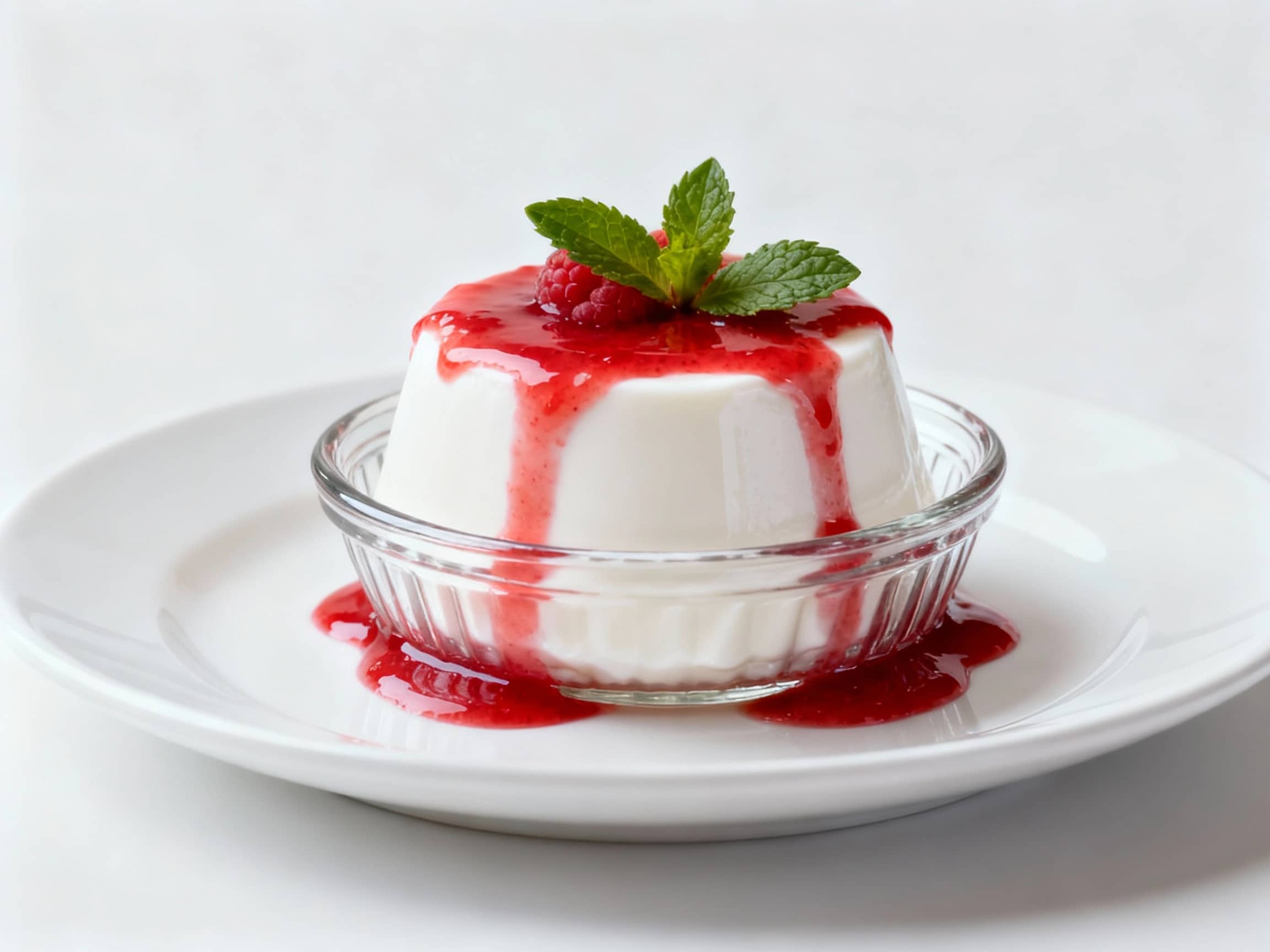 A perfectly molded Panna Cotta, white and silky smooth with a gentle wobble, in a clear glass ramekin, drizzled with a vibrant red raspberry coulis and garnished with fresh mint leaves, set on a crisp white plate against a minimalist background, with soft, diffused light highlighting its texture.