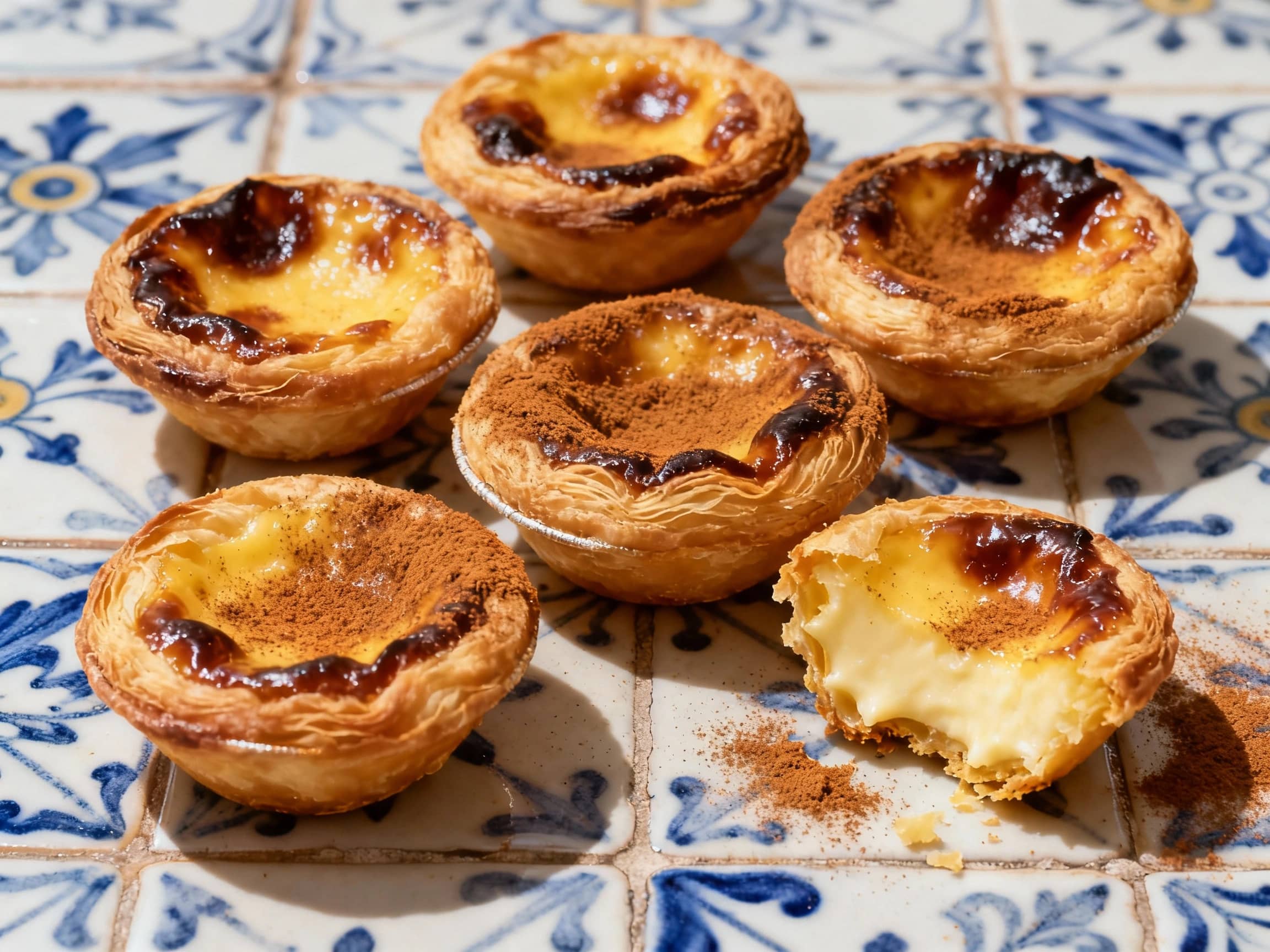 A close-up, still-life composition of several Pastéis de Nata arranged on a traditional Portuguese ceramic tile. The tarts showcase their distinct caramelized tops and flaky, golden-brown pastry crusts, lightly dusted with cinnamon. One tart is perfectly whole, while another is slightly broken to reveal the creamy custard inside. Natural, soft light illuminates the scene, casting subtle shadows and highlighting the textures. The background is simple and uncluttered, focusing all attention on the delectable pastries.