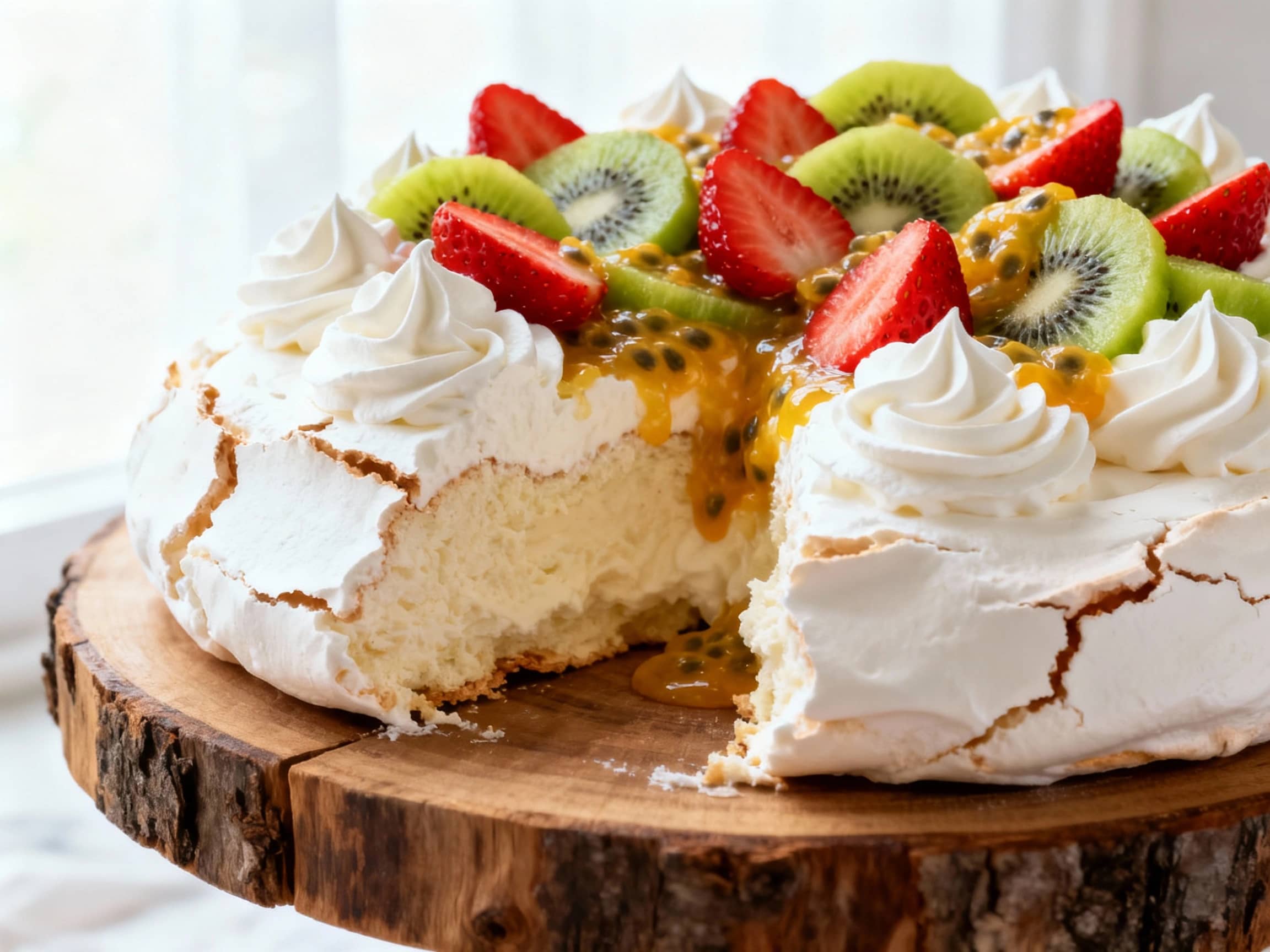 A magnificent Pavlova, showcasing a crisp, slightly cracked meringue shell with a soft, cloud-like interior. Generously topped with swirls of fresh whipped cream, vibrant sliced kiwifruit, juicy red strawberries, and a drizzle of passionfruit pulp. Presented on a rustic wooden stand against a bright, airy backdrop. Close-up, soft, natural light photography.