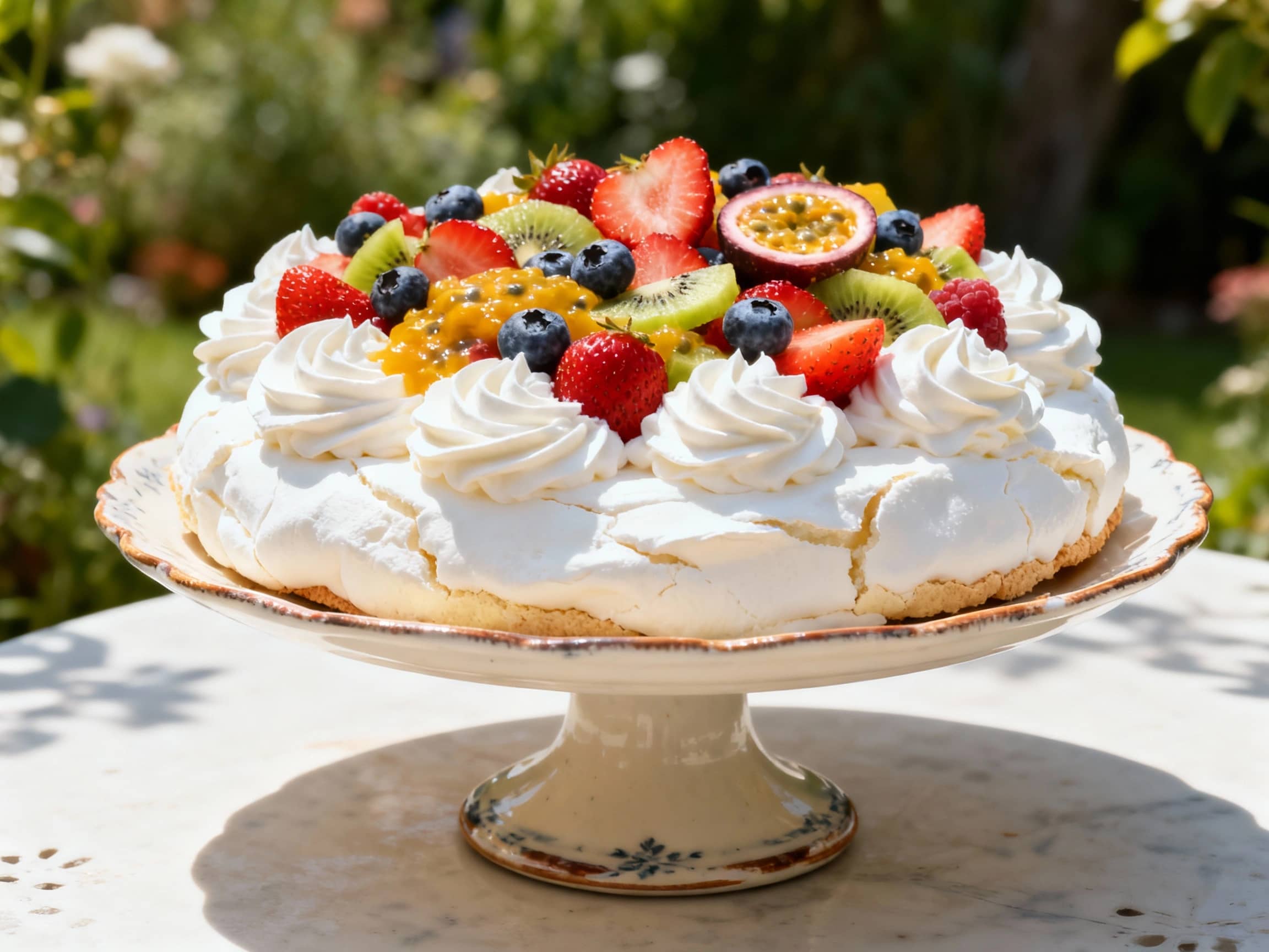 A beautifully decorated Pavlova dessert, presented on a vintage ceramic cake stand. The meringue base has a perfectly crisp, ivory-colored crust and a soft, white, marshmallow-like interior. It's generously topped with swirls of fresh whipped cream and an abundant array of colorful, ripe fruits like strawberries, blueberries, kiwi slices, and passionfruit pulp. The setting is a bright, sunlit garden table, evoking a summer celebration. The view is from a slightly elevated angle, capturing the textures and vibrant colors. The atmosphere is light, festive, and inviting.