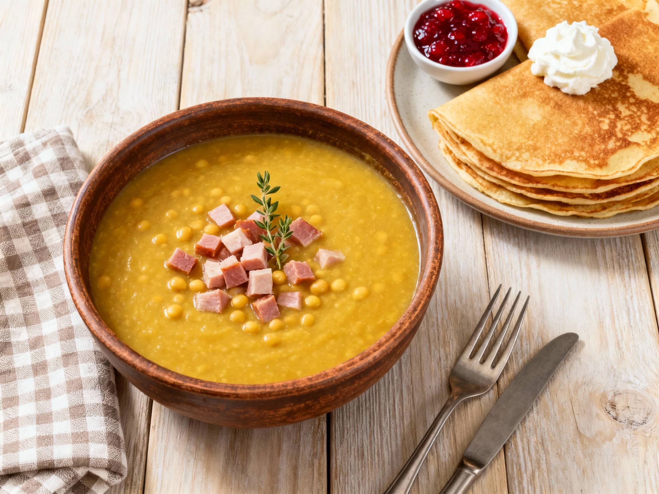 A top-down view of a traditional Swedish Thursday meal setting. On a sturdy, light wood table, in the foreground, sits a deep, rustic ceramic bowl filled with thick, golden-yellow pea soup, garnished with a few small cubes of ham and a sprig of marjoram. Beside it, a stack of thin, golden-brown pancakes on a separate plate, with a small bowl of bright red berry jam and a dollop of lightly whipped cream. Soft, ambient light illuminates the scene, emphasizing the warmth and comforting nature of the meal. A checkered linen napkin and simple cutlery add to the homey feel.