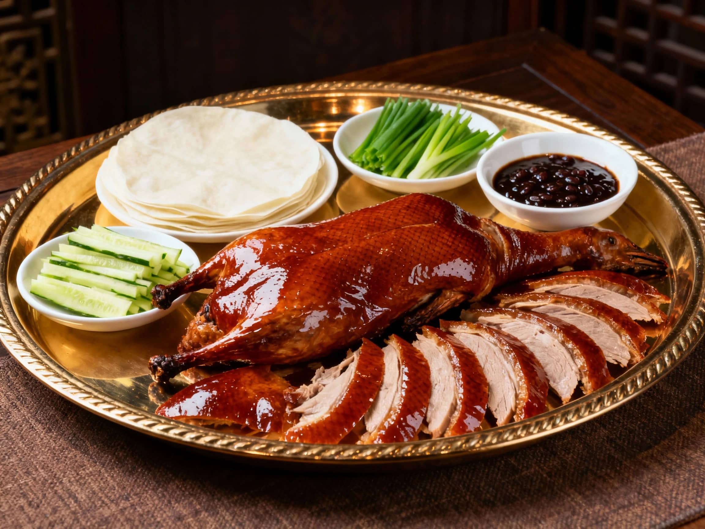 A beautifully presented Peking Duck, carved and arranged on a large, ornate serving platter. The duck skin is a deep, glossy mahogany with a visible crisp texture. Slices of glistening duck meat are fanned around the platter. Alongside, arranged neatly on separate small dishes, are thin, white steamed pancakes, finely julienned cucumbers, and bright green scallions, alongside a small bowl of dark, rich sweet bean sauce or hoisin sauce. The lighting is soft and warm, highlighting the reflective sheen of the duck skin and the freshness of the accompaniments. The background is elegantly simple, perhaps a dark wooden table or a traditional Chinese textile, suggesting a formal yet intimate dining experience. The view is from a slight side-angle, showcasing the complete presentation.