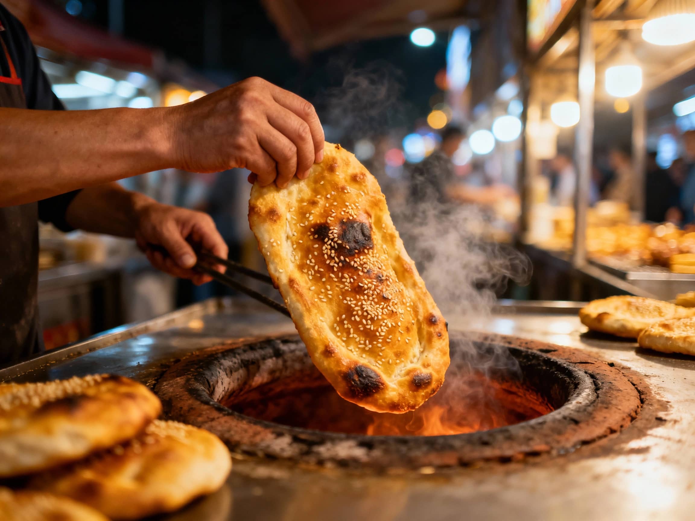 A dynamic, close-up shot of a vendor's hands pulling a freshly baked Pepper Bun from the side of a hot, traditional clay oven. The bun is golden brown and slightly charred, with visible sesame seeds creating texture. Steam slightly rises from it. The background is the bustling, slightly blurred interior of a night market stall, with warm, inviting lights. The focus is on the dramatic baking process and the appetizing appearance of the bun.