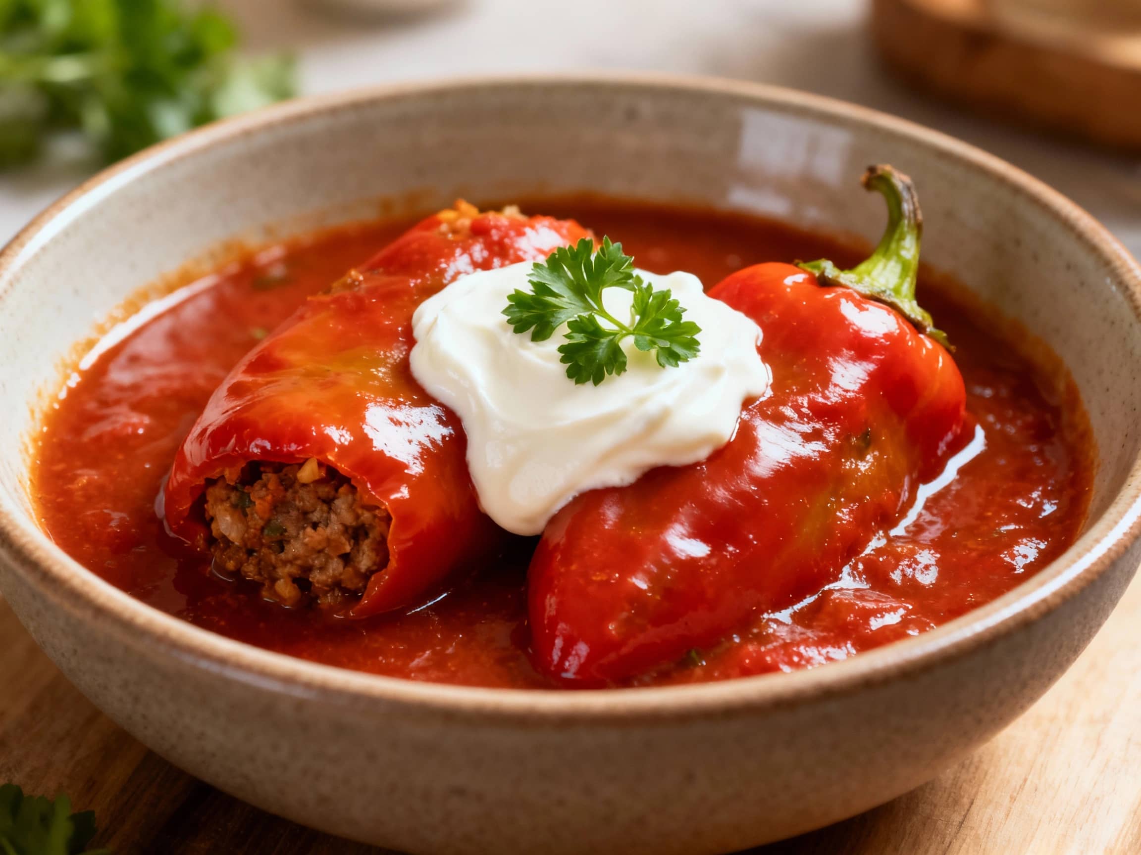 Two perfectly cooked Perets Farshyrovanyy (stuffed peppers) nestled in a ceramic bowl, bathed in a rich, glossy tomato sauce with a dollop of sour cream on top, garnished with fresh parsley, warm kitchen setting, soft natural light, close-up shot.
