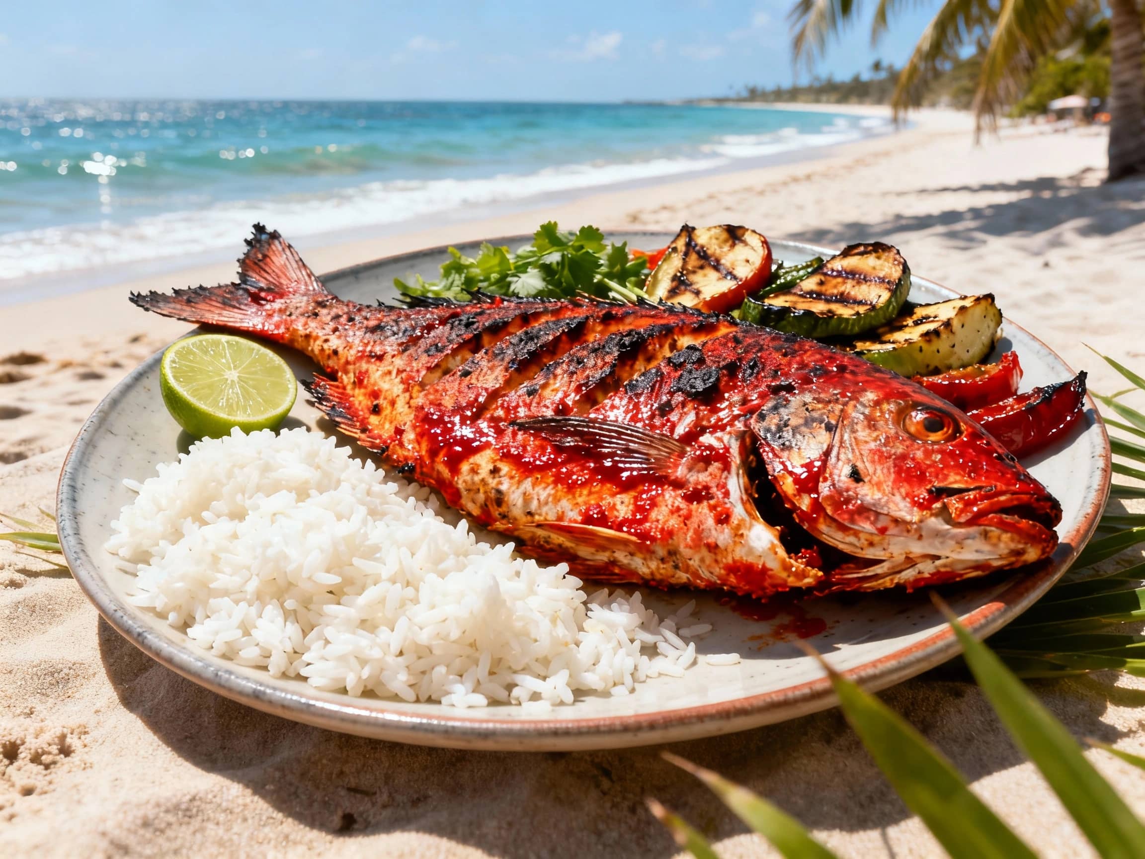 A spectacular whole Pescado a la Talla, butterflied and perfectly grilled, its skin lightly charred and glistening with red achiote-chile marinade, served on a large platter with a bed of fluffy white rice, lime wedges, and perhaps some grilled vegetables. The scene should be set on a sun-drenched beachside table in Mexico, with soft, natural light, capturing the vibrant colors and fresh appeal. Overhead shot, slightly angled.