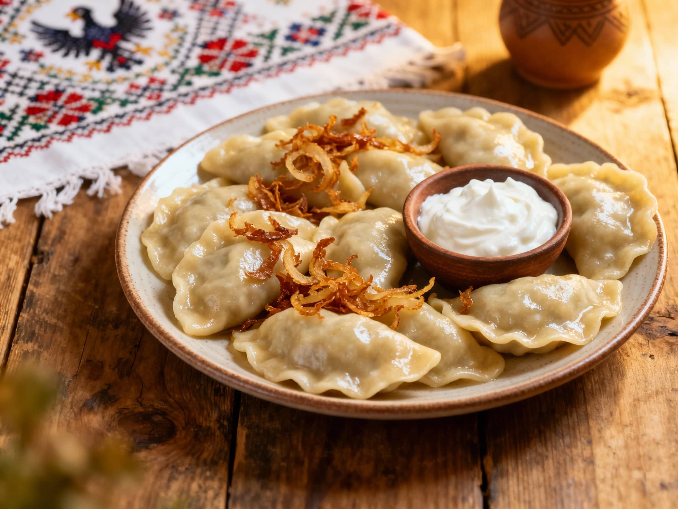 A rustic wooden table is laden with a plate of perfectly boiled Pierogi Ruskie, glistening slightly. Some dumplings are topped with crispy fried onions and a side of sour cream. In the background, a traditional Polish folk embroidery pattern is visible. The lighting is warm and inviting, with a shallow depth of field focusing on the pierogi. Overhead shot.