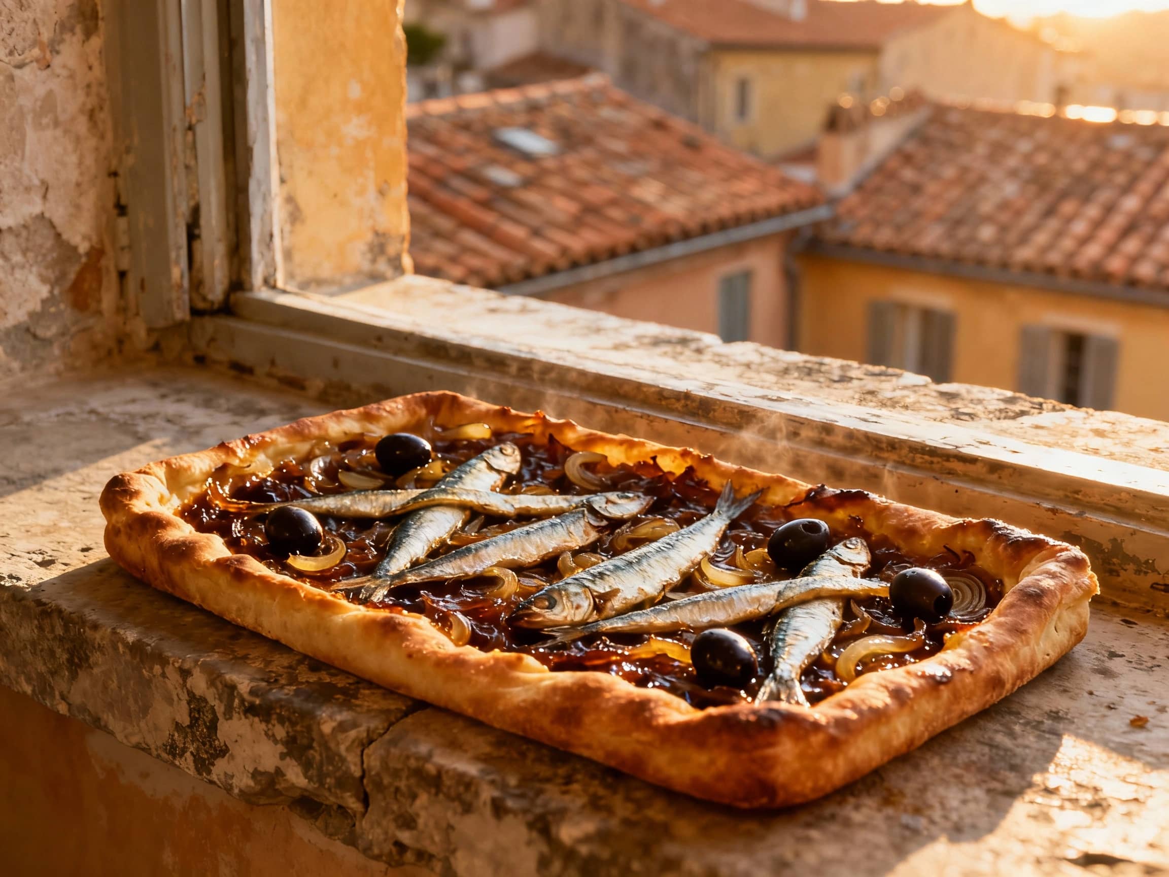 A rustic, rectangular Pissaladière tart cooling on a weathered stone windowsill. The crust is golden brown and slightly crisp. The topping is a rich, deeply caramelized layer of sweet onions, artfully arranged with whole anchovy fillets crisscrossed on top, and scattered with plump, dark Niçoise olives. The scene is bathed in the warm, late afternoon Mediterranean sunlight. The background hints at the terracotta roofs of old Nice. Medium shot, realistic style.