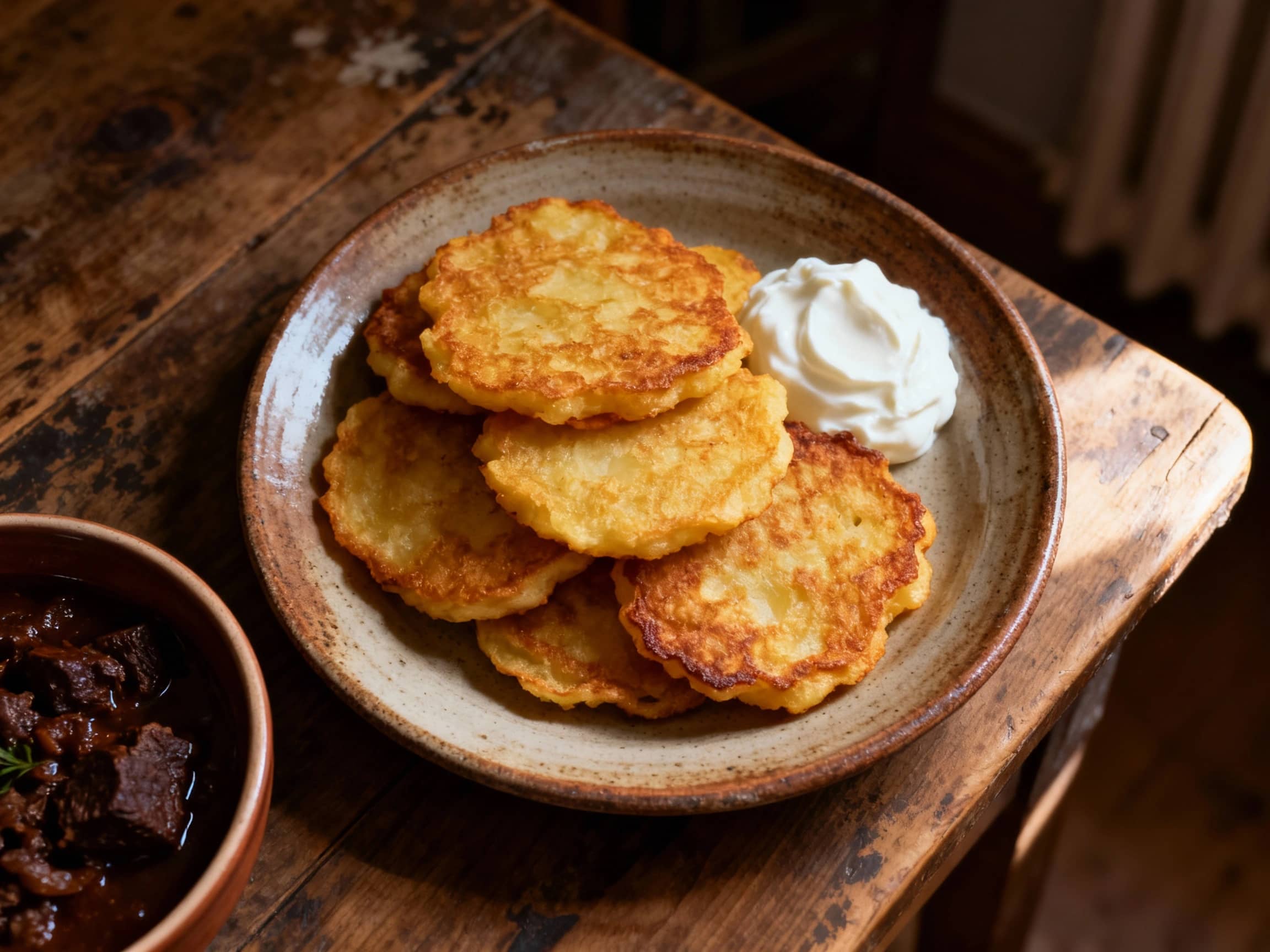 A close-up overhead shot of golden-brown, crispy Placki Ziemniaczane piled on a rustic ceramic plate. A dollop of sour cream sits to the side, and a small bowl of dark goulash is visible. The scene is set on a worn wooden table in a cozy, dimly lit room, suggesting a traditional Polish home. Soft, natural light highlights the texture of the pancakes.