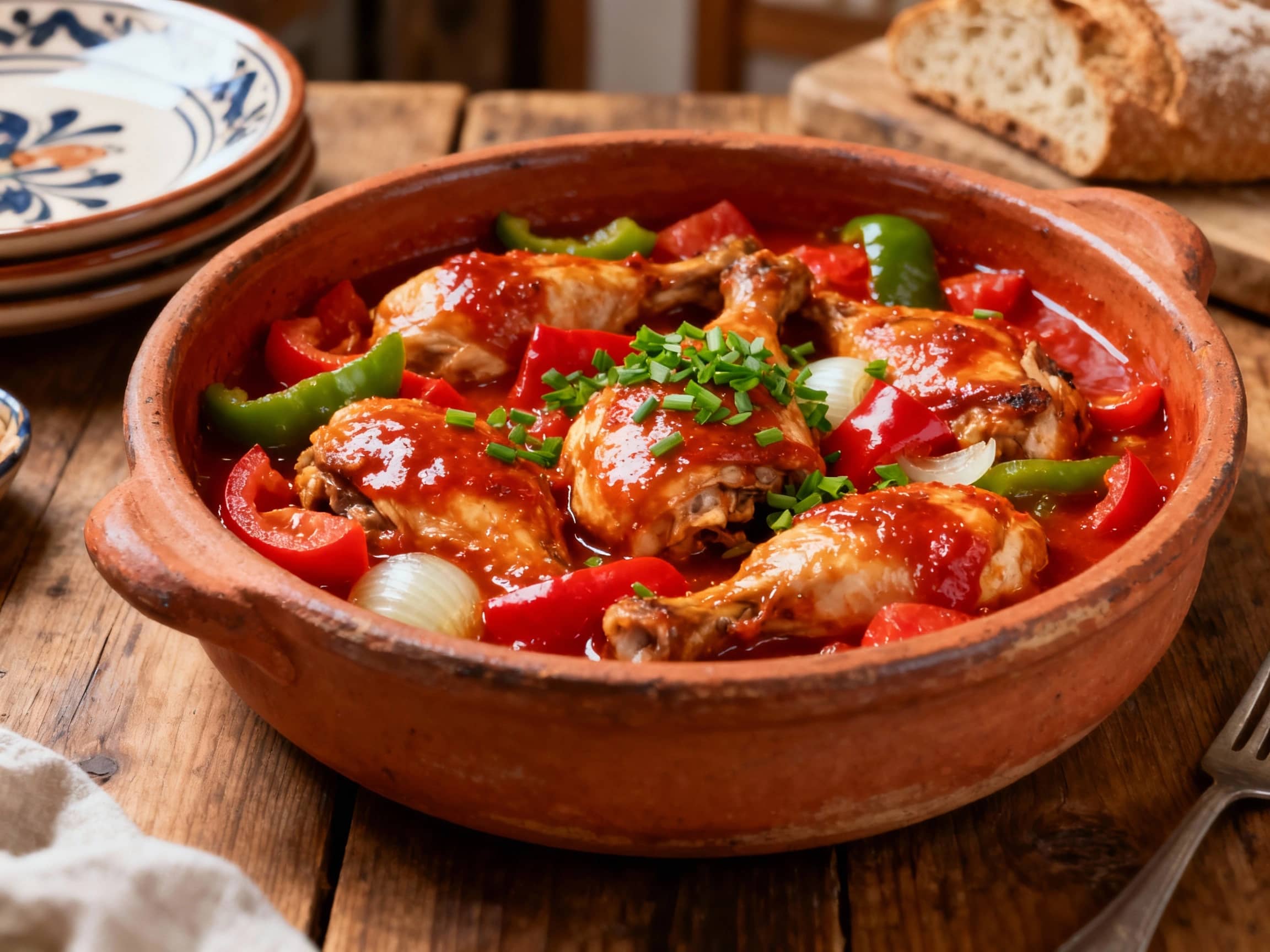 A rustic earthenware casserole dish filled with glistening Poulet Basquaise, slow-cooked chicken pieces nestled amongst chunks of red and green bell peppers, onions, and tomatoes. The sauce is rich and vibrant red. A sprinkle of fresh chopped parsley or chives garnishes the top. The dish is presented on a sturdy wooden table in a cozy Basque farmhouse kitchen setting, with hints of traditional ceramic plates and rustic bread in the background. Soft, warm lighting enhances the homemade feel. Close-up, slightly elevated shot.