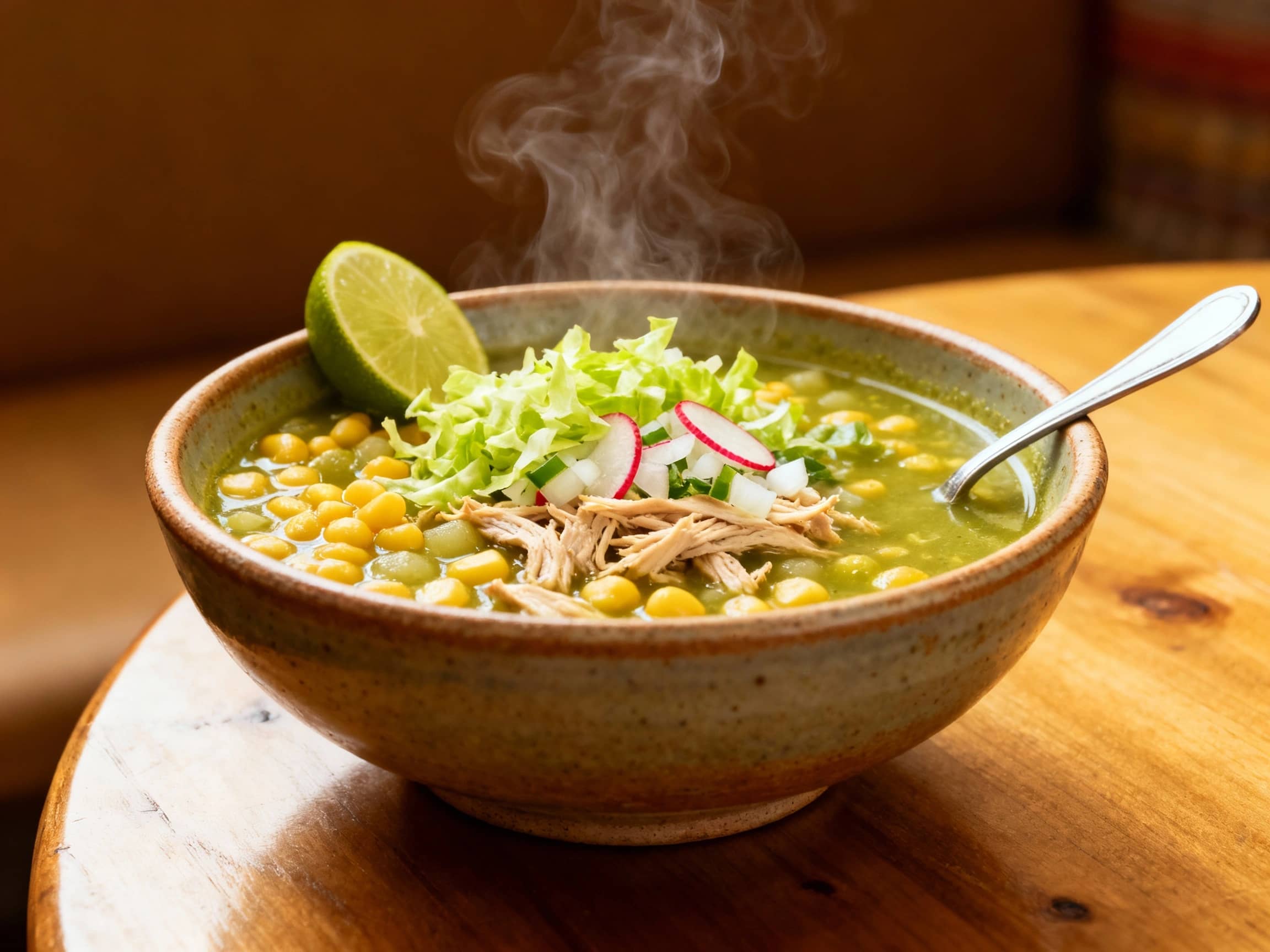 A steaming bowl of vibrant Pozole Verde, brimming with tender hominy and shredded chicken, garnished generously with fresh shredded lettuce, thinly sliced radishes, a sprinkle of chopped onion, and a lime wedge on the rim, presented on a rustic ceramic bowl with a spoon, on a wooden table, with natural, soft lighting creating a comforting atmosphere.