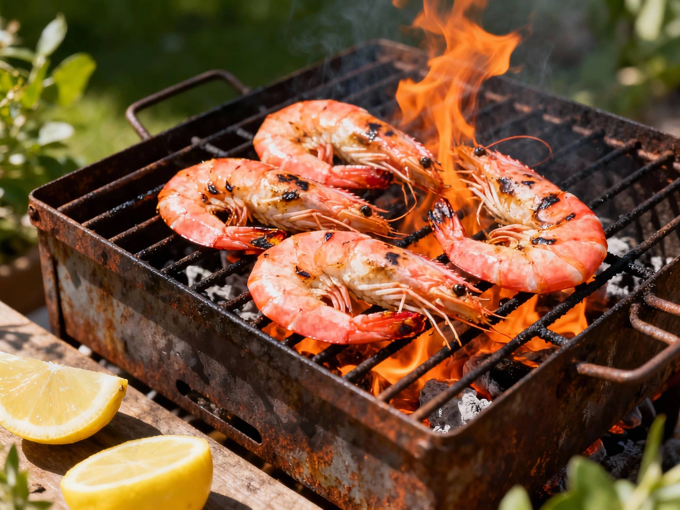 A vibrant, top-down view of plump, pink prawns sizzling on a rustic metal barbecue grill over glowing orange coals. Flames lick the edges of some prawns, creating a sense of active cooking. A scattering of fresh lemon wedges rests on the grill nearby. The scene is outdoors, with hints of greenery and a sunny, relaxed atmosphere in the background. The lighting is bright and natural, highlighting the char marks and freshness of the prawns.