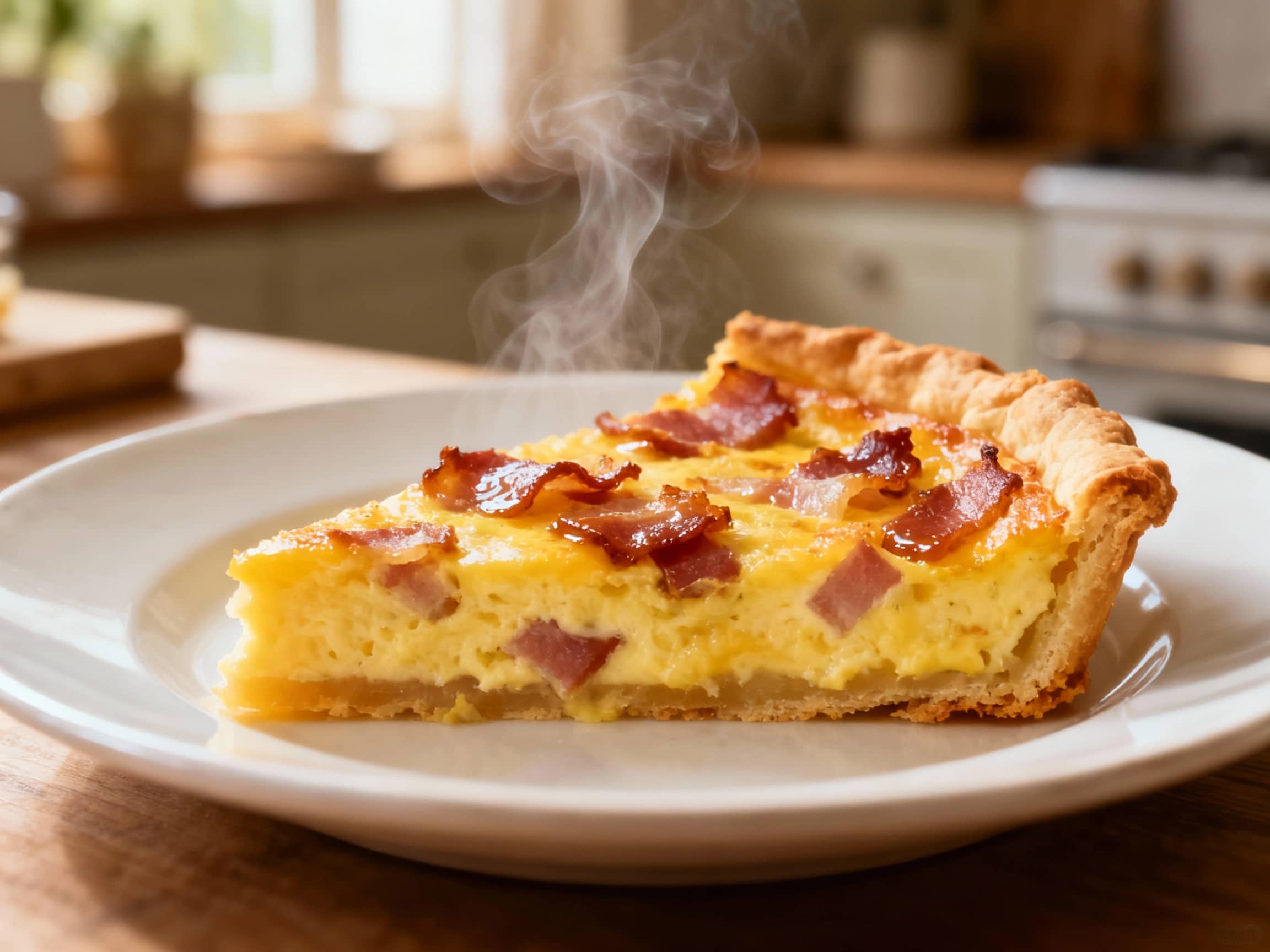 A perfectly baked slice of Quiche Lorraine on a simple white plate, showcasing a golden, flaky pastry crust and a creamy, yellow custard filling studded with glistening, crispy bacon pieces. A hint of steam rises from the warm slice. The background is softly blurred, suggesting a cozy French kitchen scene with gentle, diffused natural light enhancing its inviting appearance. Close-up shot, mouth-watering and authentic.