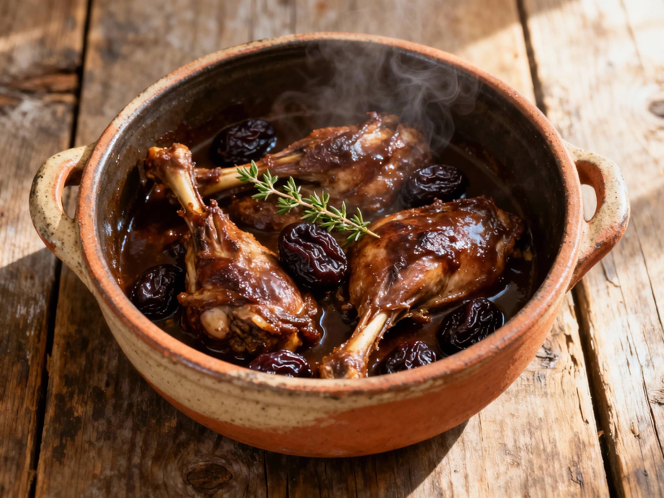 A rustic earthenware pot filled with succulent Lapin aux pruneaux (Rabbit Stew with Prunes), the tender rabbit meat is coated in a rich, dark gravy with softened, plump prunes. Served in a traditional Belgian ceramic bowl with a sprig of fresh thyme as garnish. The scene is set on a weathered wooden table, bathed in warm, soft afternoon light, with a hint of steam rising, evoking a cozy, country kitchen atmosphere. Overhead shot with a slight depth of field.