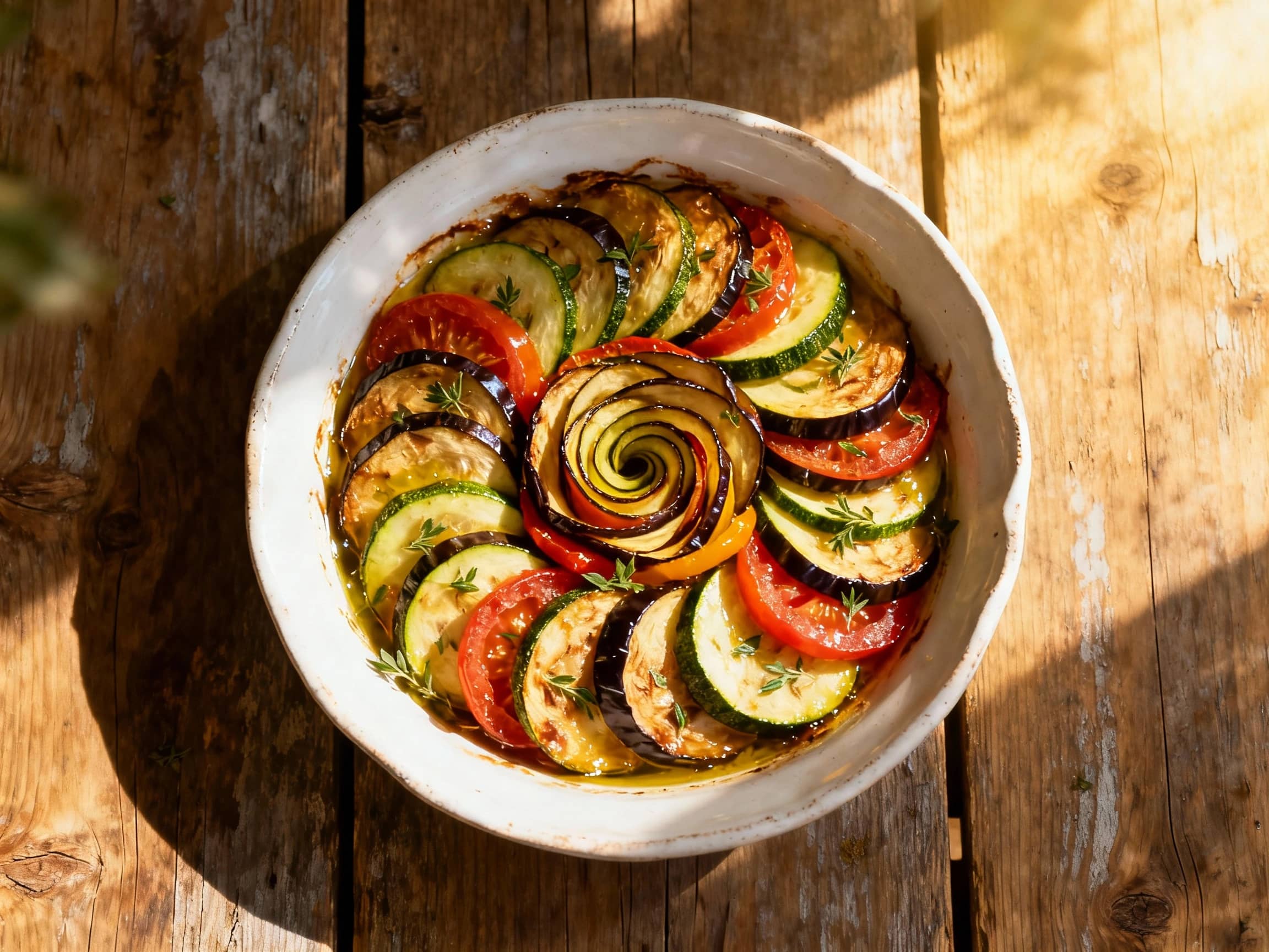 A beautifully arranged dish of Ratatouille, with thinly sliced and layered rounds of zucchini, eggplant, tomatoes, and bell peppers, artfully fanned in a spiral pattern, baked to a tender perfection. The colors are vibrant and rich, glistening with olive oil and fresh herbs. It's served on a rustic white ceramic plate placed on a weathered wooden table, with sunlight streaming onto it. Overhead shot, warm and inviting, French countryside atmosphere.