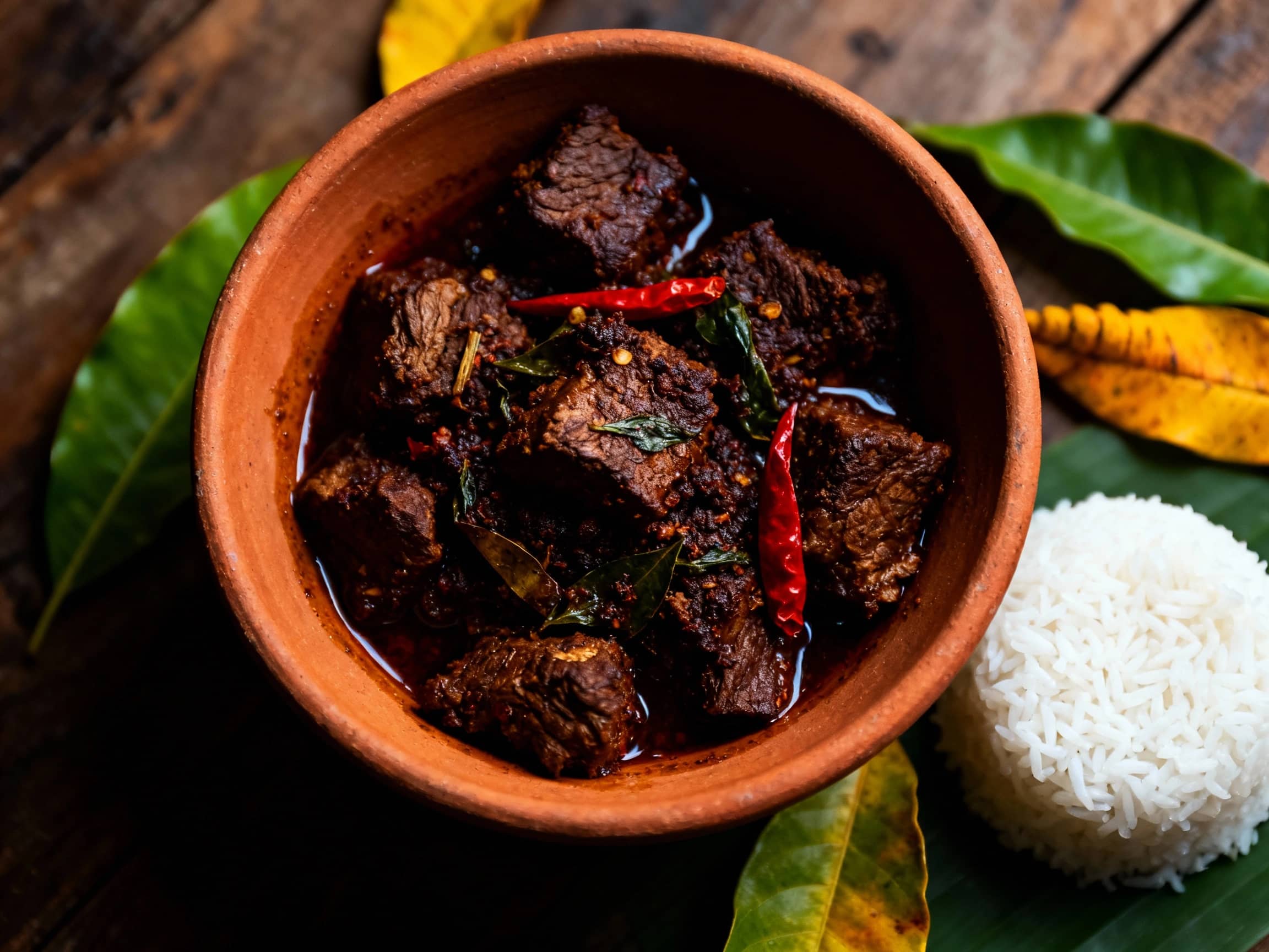 A close-up, elevated view of a rich, dark Rendang stew served in a traditional earthenware bowl. The tender chunks of beef are coated in a dark, oily spice paste, with hints of red chili and aromatic herbs visible. Scattered around the bowl are a few fresh turmeric leaves and a small mound of steamed white rice. The lighting is dramatic and warm, highlighting the textures and deep colors of the dish, evoking its slow-cooked nature. The background is a softly blurred, rustic wooden table.