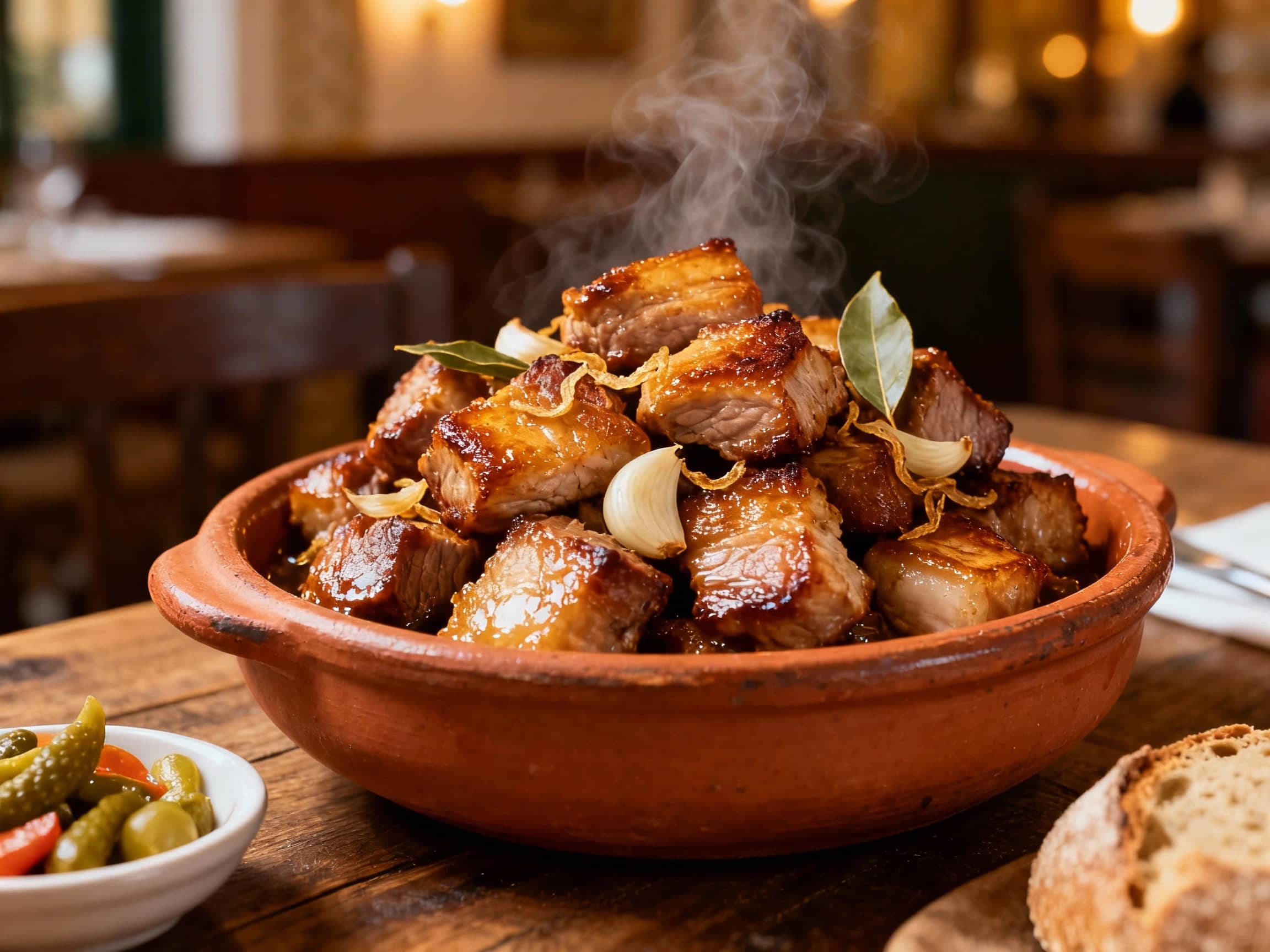 A close-up, slightly angled view of 'Rojões à Minhota' served in a traditional terracotta cazuela. Bite-sized pieces of glistening, pan-fried pork are piled high, showing a beautiful golden-brown crust. Wisps of steam rise from the savory morsels. A few pieces of fried garlic and bay leaves might be interspersed with the meat. The cazuela rests on a rustic wooden table, possibly alongside a small dish of pickled vegetables or a rustic loaf of bread. The background is softly focused, hinting at a cozy, traditional Portuguese restaurant interior with warm lighting. The atmosphere is hearty and inviting. Natural, diffused light emphasizes the texture and richness of the pork.