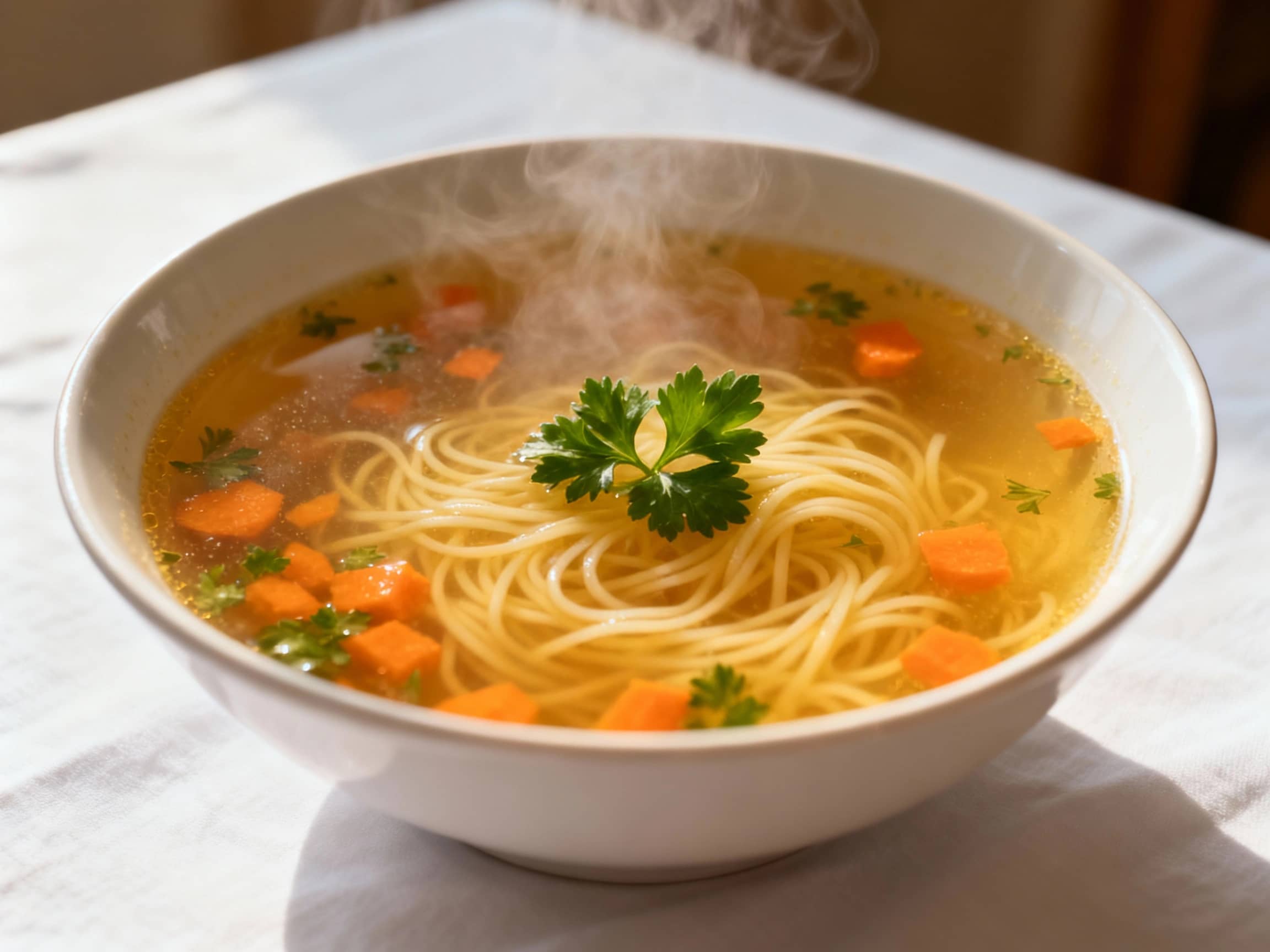 A steaming bowl of clear, golden Rosół soup presented on a simple white tablecloth. Thin noodles are visible submerged in the broth, with finely diced carrots and parsley. A sprig of fresh parsley garnishes the top. The shot is from a slightly elevated angle, with soft, diffused light creating a warm and inviting atmosphere, evoking a sense of home and comfort.