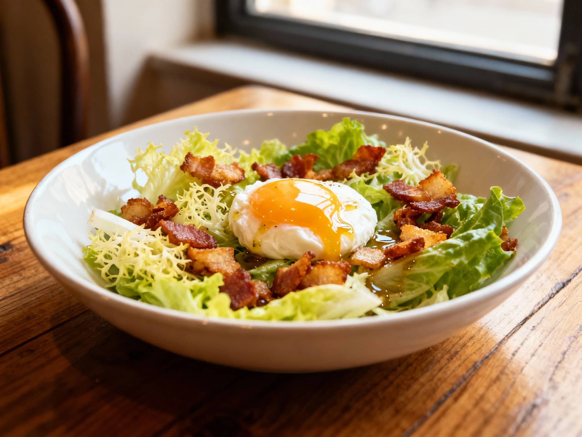 A rustic Salade Lyonnaise, featuring crisp frisée lettuce, golden-brown lardons scattered, a perfectly poached egg with a glistening, runny yolk at the center, drizzled with a vinaigrette. Served in a simple, shallow white bowl on a wooden bistro table, with natural light from a window, seen from a slightly elevated angle.