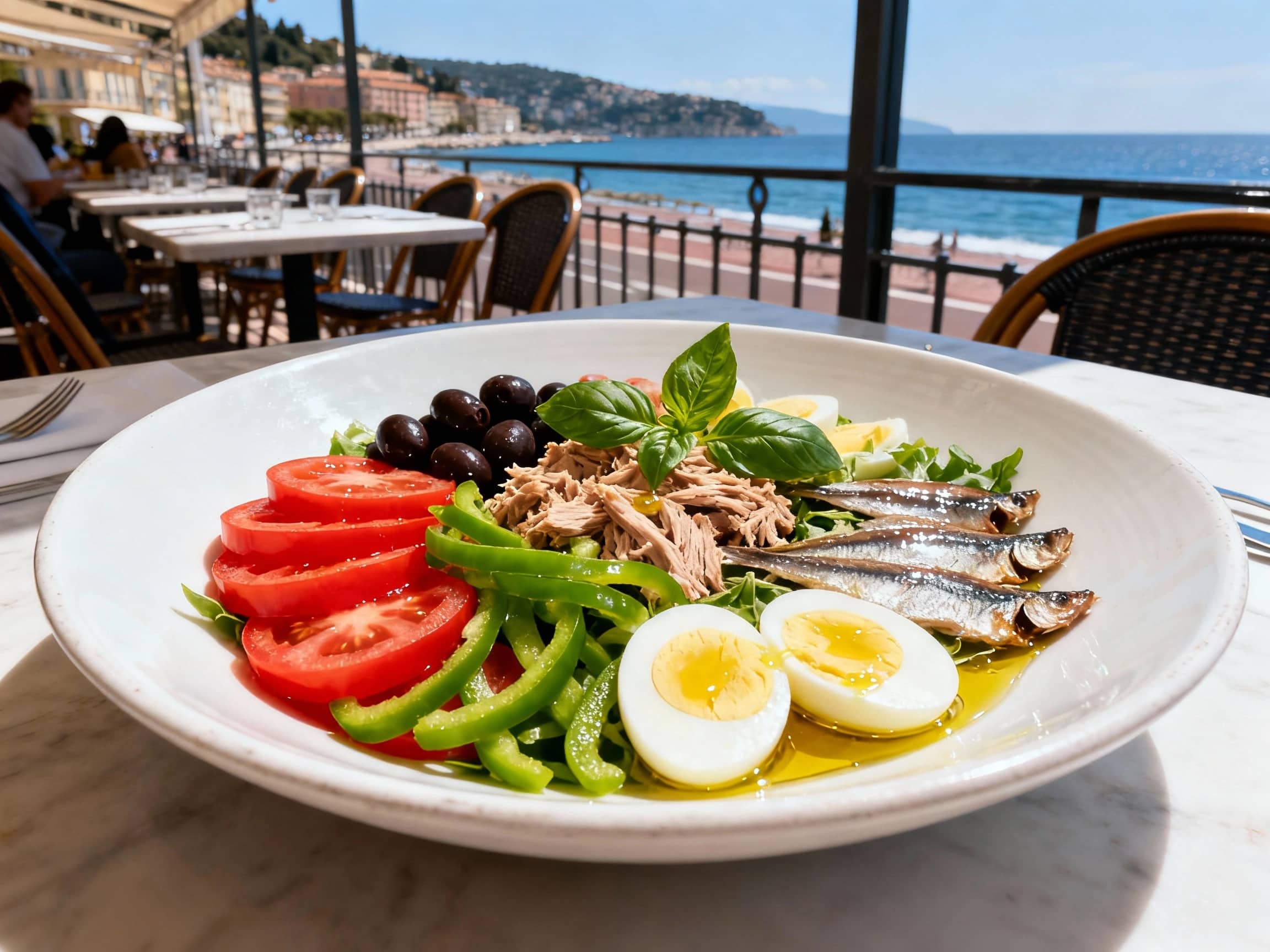 A vibrant and artfully arranged Salade Niçoise on a large, shallow white ceramic plate. The ingredients are distinctly separated yet harmonious: red slices of ripe tomatoes, green bell pepper strips, quartered hard-boiled eggs, dark Niçoise olives, flaked tuna, and glistening anchovy fillets. Fresh basil leaves and a drizzle of golden olive oil complete the presentation. The setting is a sunny outdoor bistro table overlooking the French Riviera. Bright, fresh, and perfectly composed.