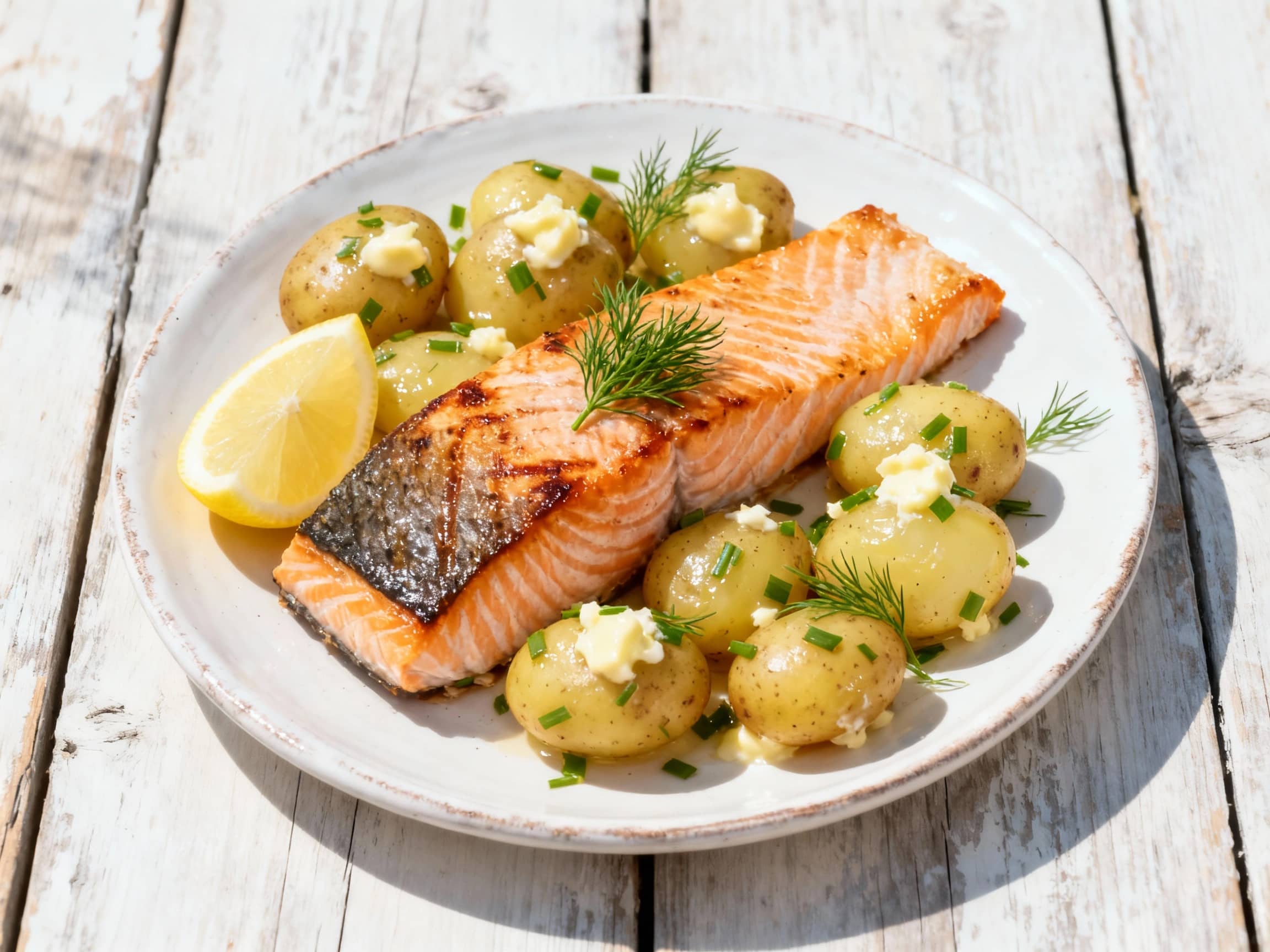 A clean, bright overhead shot of a plate featuring a beautifully cooked salmon fillet, its skin lightly crisped, served alongside a generous portion of new potatoes glistening with butter and freshly chopped dill. The salmon is presented on a rustic white plate, placed on a light-colored, weathered wooden table. A lemon wedge rests on the side of the plate, and a small sprig of dill garnishes the salmon. The lighting is soft and natural, suggesting a sunny afternoon meal, emphasizing the freshness and appealing simplicity of the dish.