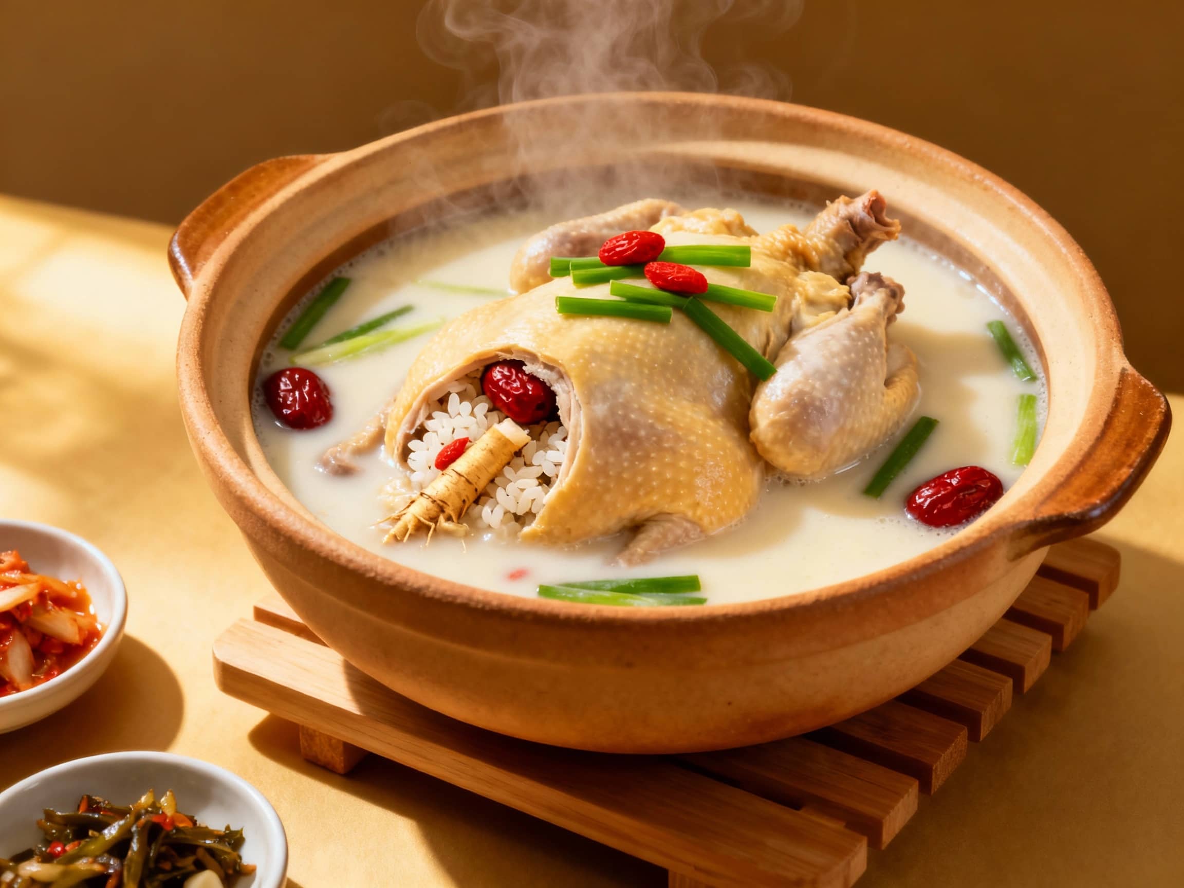A steaming hot bowl of Samgyetang, featuring a whole small chicken submerged in a creamy, milky broth, garnished with green onions and a few bright red jujubes. The chicken’s cavity is visibly stuffed with glutinous rice and a piece of ginseng root. The soup is served in a traditional Korean earthenware pot (tteokbaegi) on a simple wooden trivet, surrounded by small side dishes (banchan) in a warm, gently lit setting, seen from a slightly elevated angle.