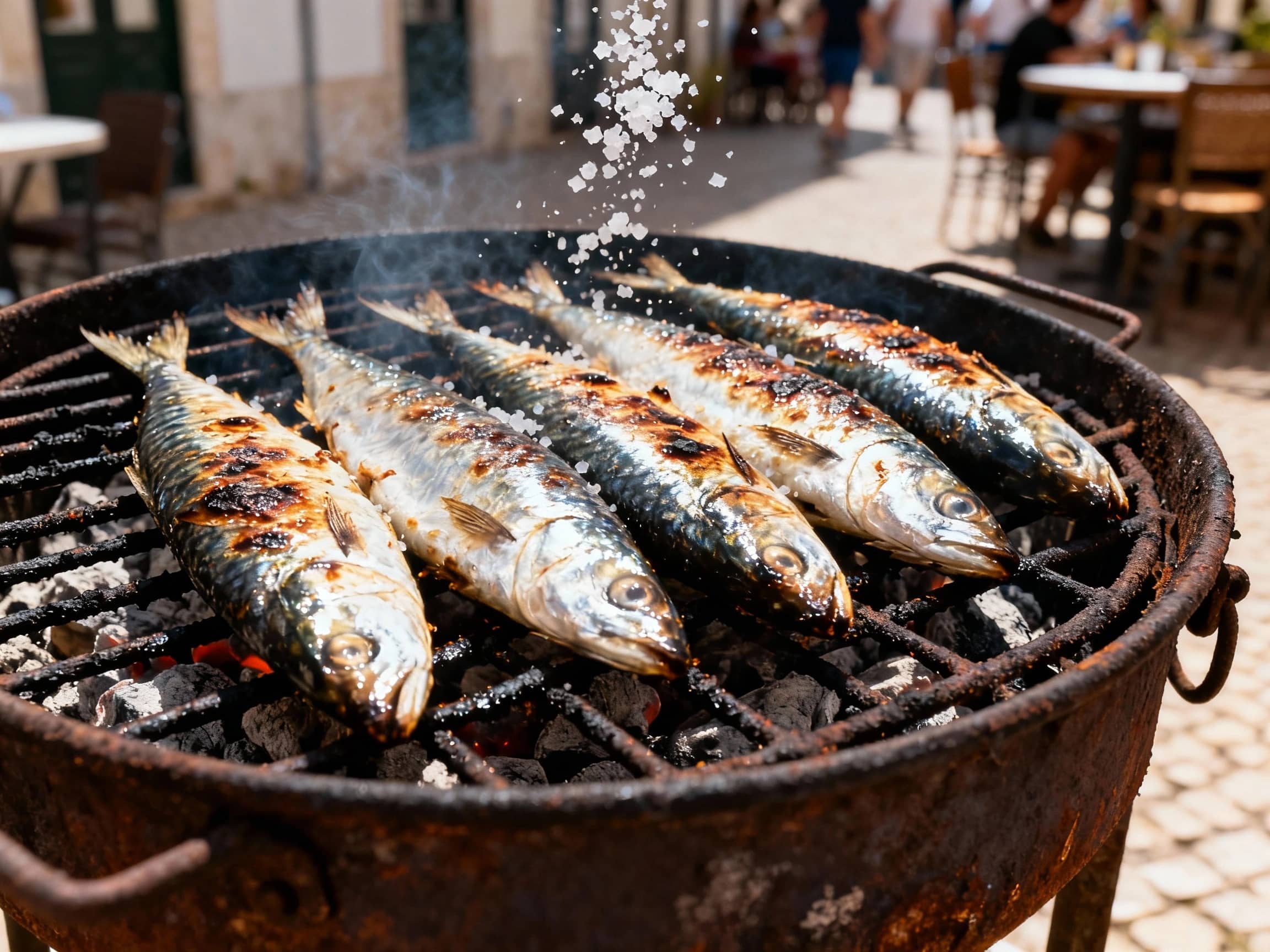 A vibrant, close-up shot of Sardinhas Assadas sizzling on a rustic charcoal grill. Several plump, silvery sardines are arranged on the grill, their skin showing a beautiful char. A sprinkle of coarse sea salt is visible. The background is slightly blurred, suggesting an outdoor setting, perhaps a Lisbon street festival or a tasca patio. Warm, natural light illuminates the scene, highlighting the glistening skin of the fish and the smoky char, evoking the simple, delicious essence of a Portuguese summer.
