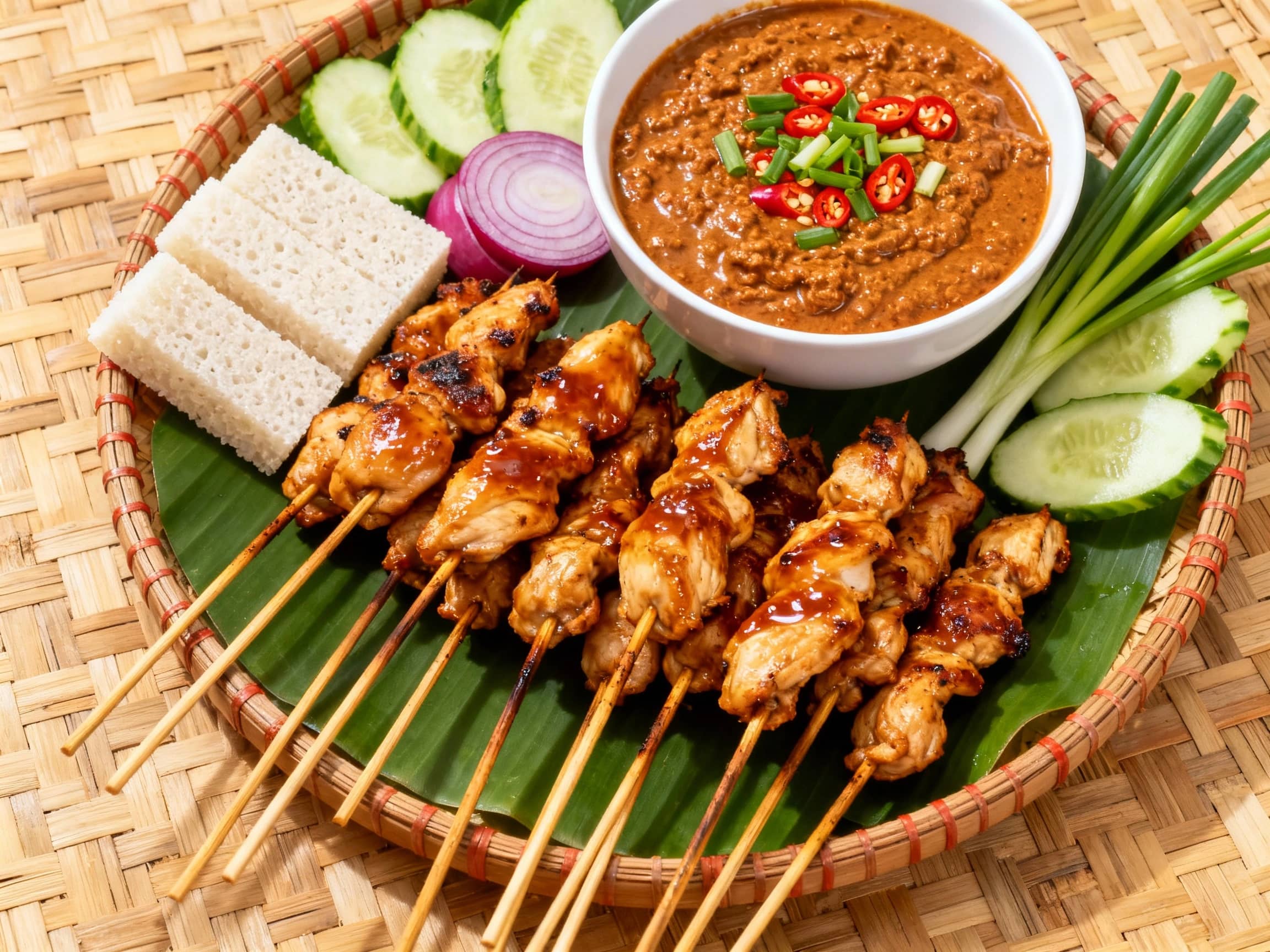 A vibrant platter of Sate Ayam (chicken satay) presented artistically on a woven bamboo mat. Skewers of tender, grilled chicken pieces, glistening with a marinade, are arranged attractively. Accompanying the satay is a generous bowl of rich, chunky peanut sauce, garnished with finely chopped chilies and scallions. Slices of cucumber, red onion, and a side of lontong (compressed rice cakes) complete the traditional presentation. The lighting is bright and natural, highlighting the textures and colors, with a shallow depth of field to focus attention on the satay.