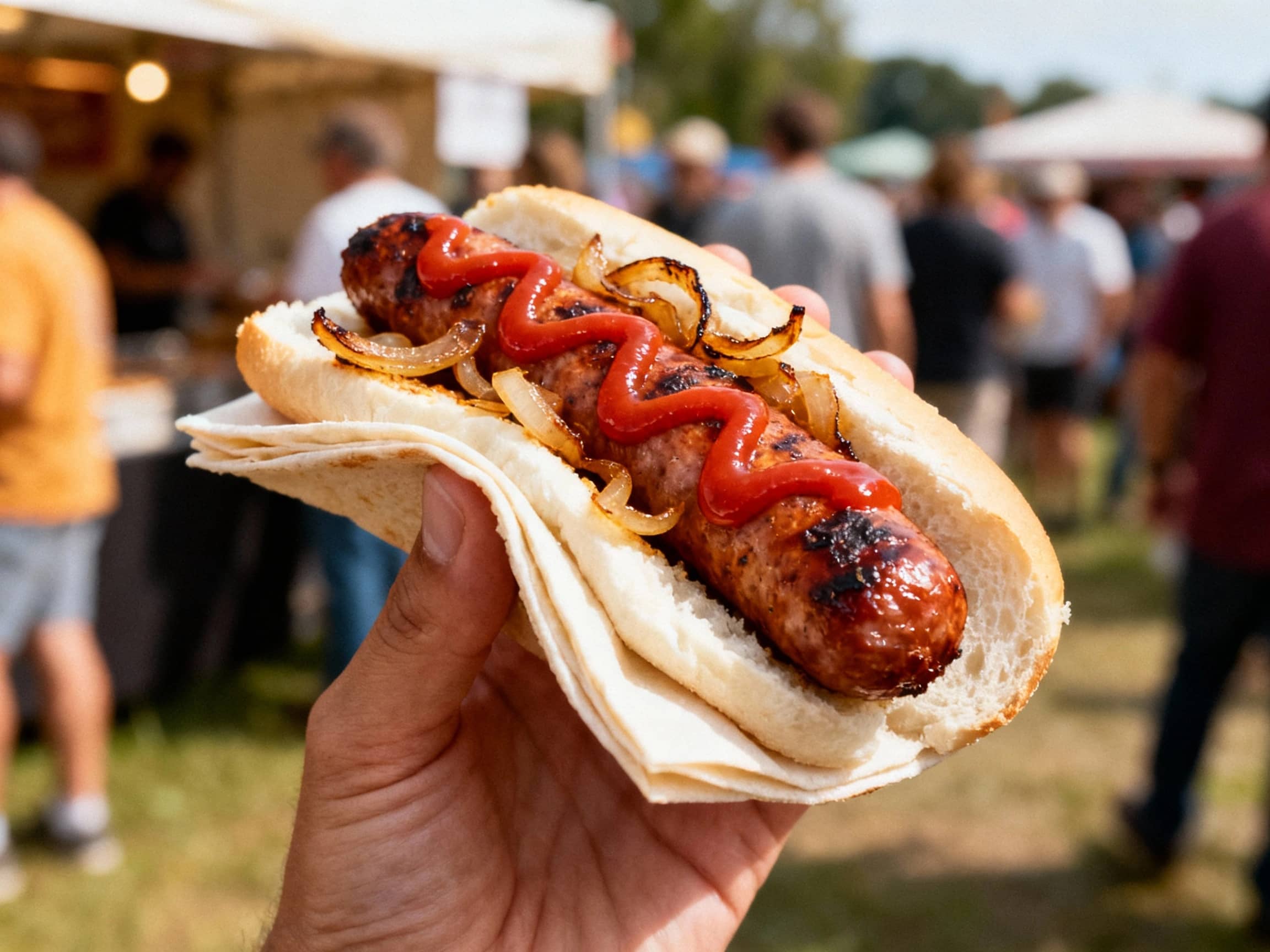 A classic Australian Sausage Sizzle. A juicy grilled sausage nestled in a folded slice of white bread, topped with caramelized grilled onions and a zigzag of tomato sauce. Held in hand, outdoors at a community event, natural daylight, slight bokeh of people in the background.