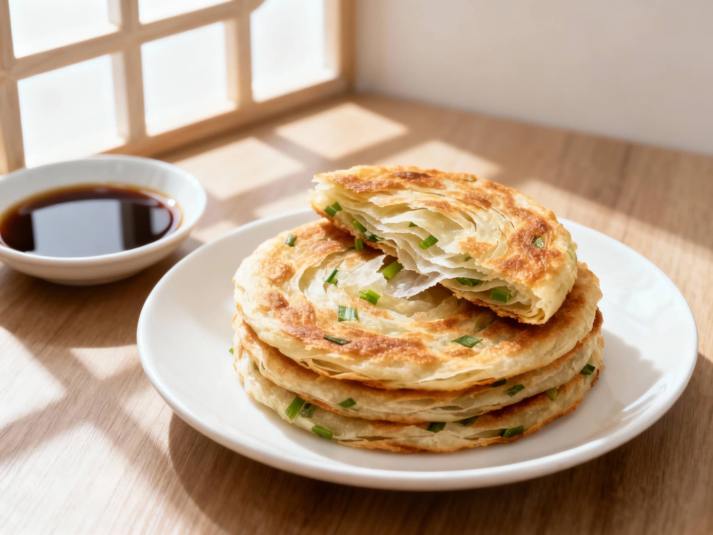 A close-up shot of golden-brown, flaky scallion pancakes stacked on a simple, white porcelain plate. One pancake is slightly separated, revealing the delicate layers and visible green scallion bits within. A small dish of soy-vinegar dipping sauce sits to the side. The lighting is soft and natural, coming from a nearby window, casting subtle shadows and highlighting the crisp texture of the pancakes. The background is unobtrusive, perhaps a smooth wooden table, focusing all attention on the appetizing details of the dish, evoking a sense of home-style cooking.
