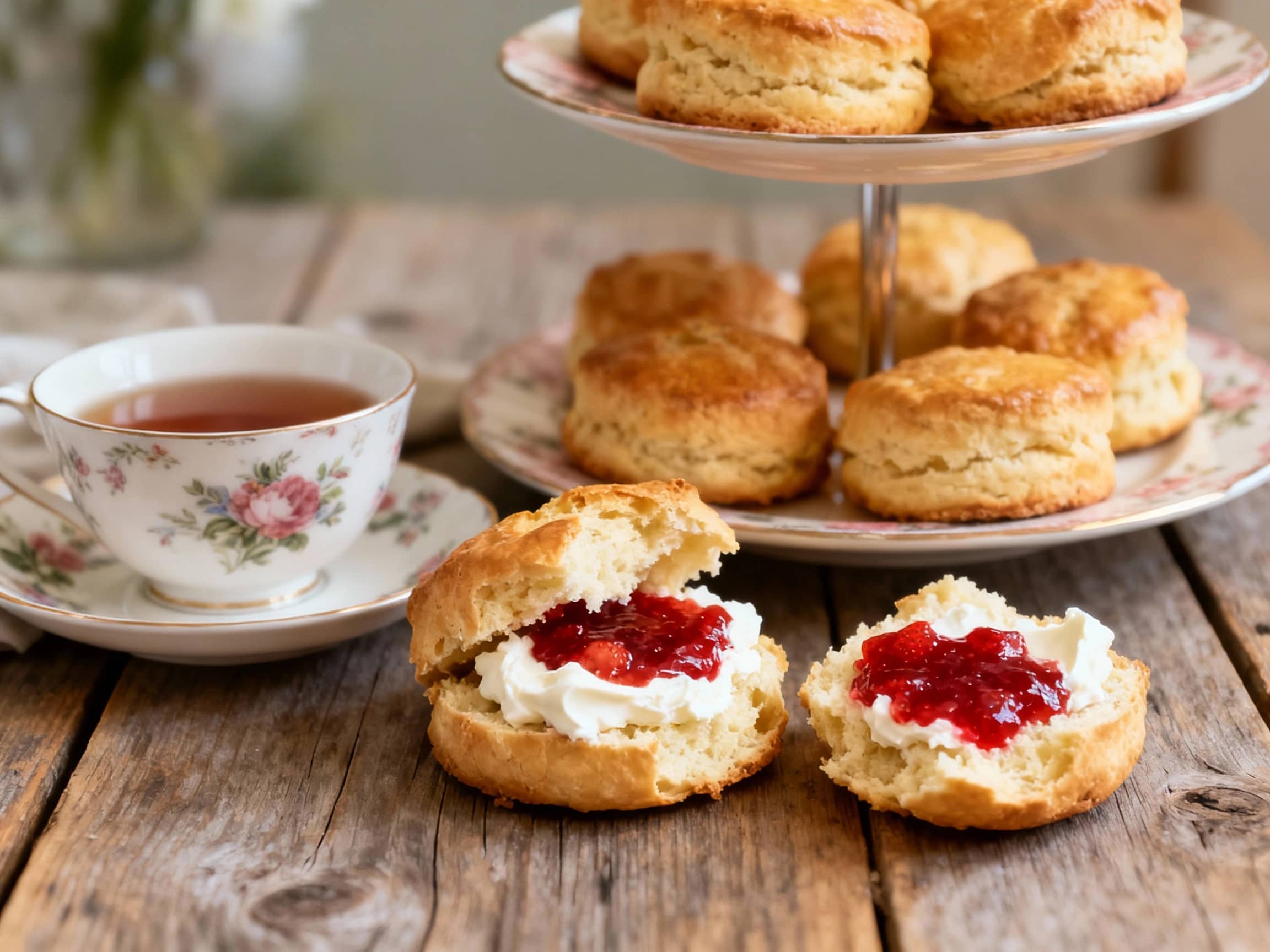 A close-up, eye-level shot of freshly baked, golden-brown scones arranged on a tiered cake stand. Two scones are broken open to reveal a fluffy interior, spread generously with thick clotted cream and vibrant strawberry jam. A dainty floral teacup and saucer sits nearby, filled with Earl Grey tea. The scene is set on a rustic wooden table, bathed in soft, natural morning light, creating a warm and inviting atmosphere. Focus is sharp on the scones, with a gentle bokeh effect on the background.