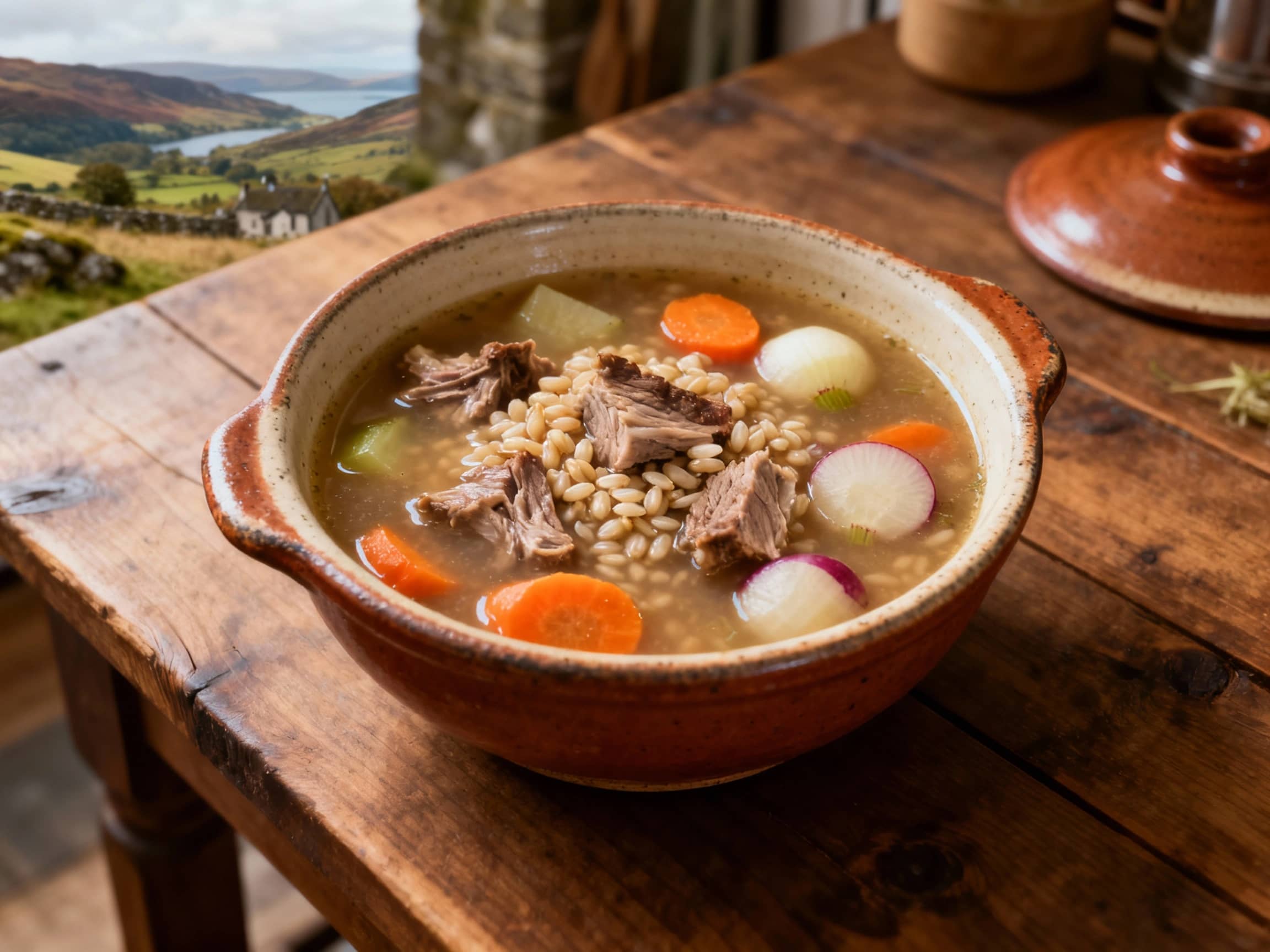 A hearty bowl of Scotch Broth, filled generously with visible pieces of lamb, barley, and colorful root vegetables like carrots and turnips. The broth is rich and slightly opaque, suggesting it has been simmered for a long time. It is served in a sturdy, earthenware bowl, possibly with a slightly rustic finish, placed on a wooden table. In the background, a hint of a Scottish landscape or a traditional kitchen setting can be seen. The lighting is natural and diffused, casting a warm glow that emphasizes the comforting and wholesome qualities of the soup. The composition should feel authentic and unpretentious. Top-down or slightly angled view, realistic food photography.