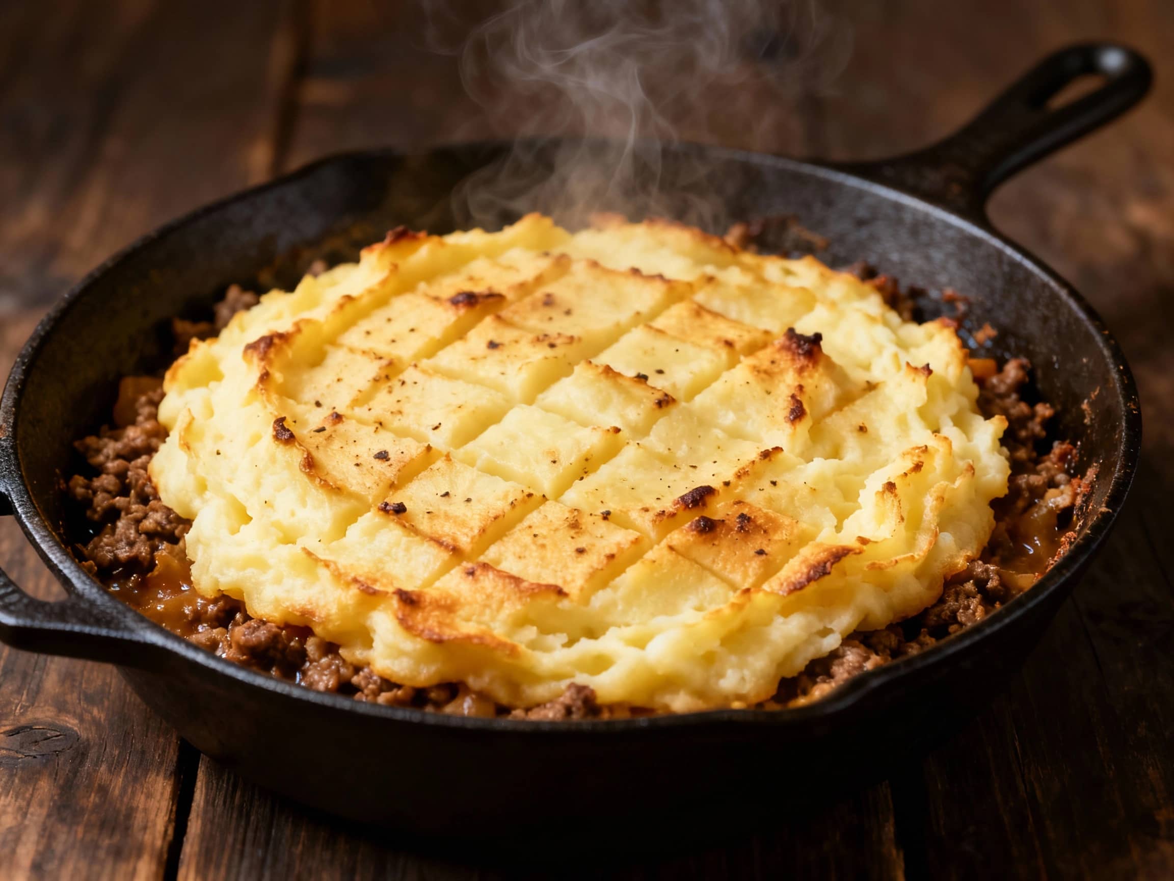 A rustic, overhead shot of a freshly baked Shepherd's Pie in a cast-iron skillet. The golden-brown mashed potato topping is beautifully scored and speckled with browned bits. The filling is slightly visible at the edges, promising a rich, savory lamb mixture. Steam gently rises from the dish. The background is a simple, dark wooden surface, creating a warm and inviting culinary scene. The lighting is soft and natural, emphasizing the comfort food aesthetic.