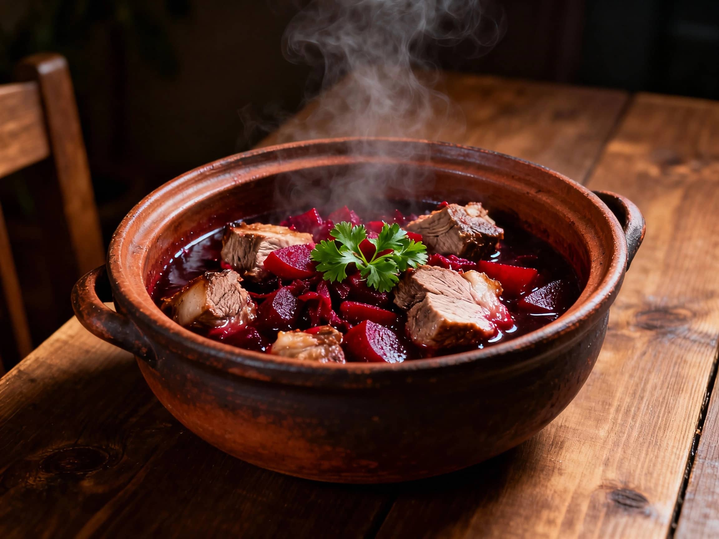 A deep, rustic clay pot filled with steaming Shpundyk, showcasing tender pork pieces and vibrant red beets, a rich, dark sauce, garnished with a touch of fresh parsley, served on a wooden table in a dimly lit, cozy setting, side view, home-style photography.