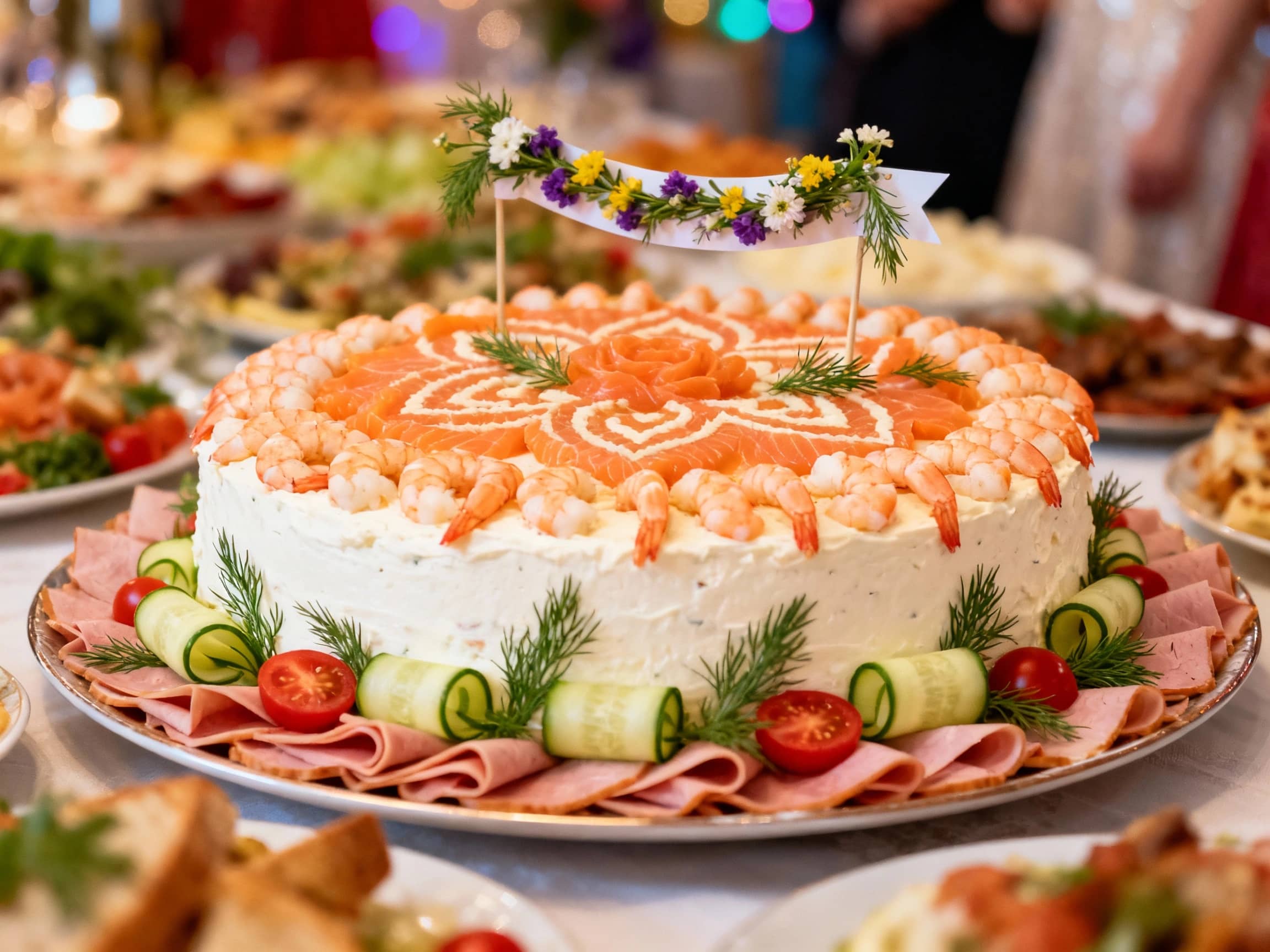 A festive Smörgåstårta centerpiece, viewed from a slightly elevated angle, on a large platter placed at the center of a table laden with party fare. The 'cake' is elaborately decorated, featuring a creamy white exterior adorned with meticulously arranged shrimp, decorative patterns made from smoked salmon, folded ham, cucumber ribbons, cherry tomato halves, and fresh dill sprigs. A banner or sprig of edible flowers might add to the celebratory feel. The background shows a lively party atmosphere with hints of other dishes in soft focus. The lighting is warm and inviting, highlighting the intricate details and celebratory nature of the dish.