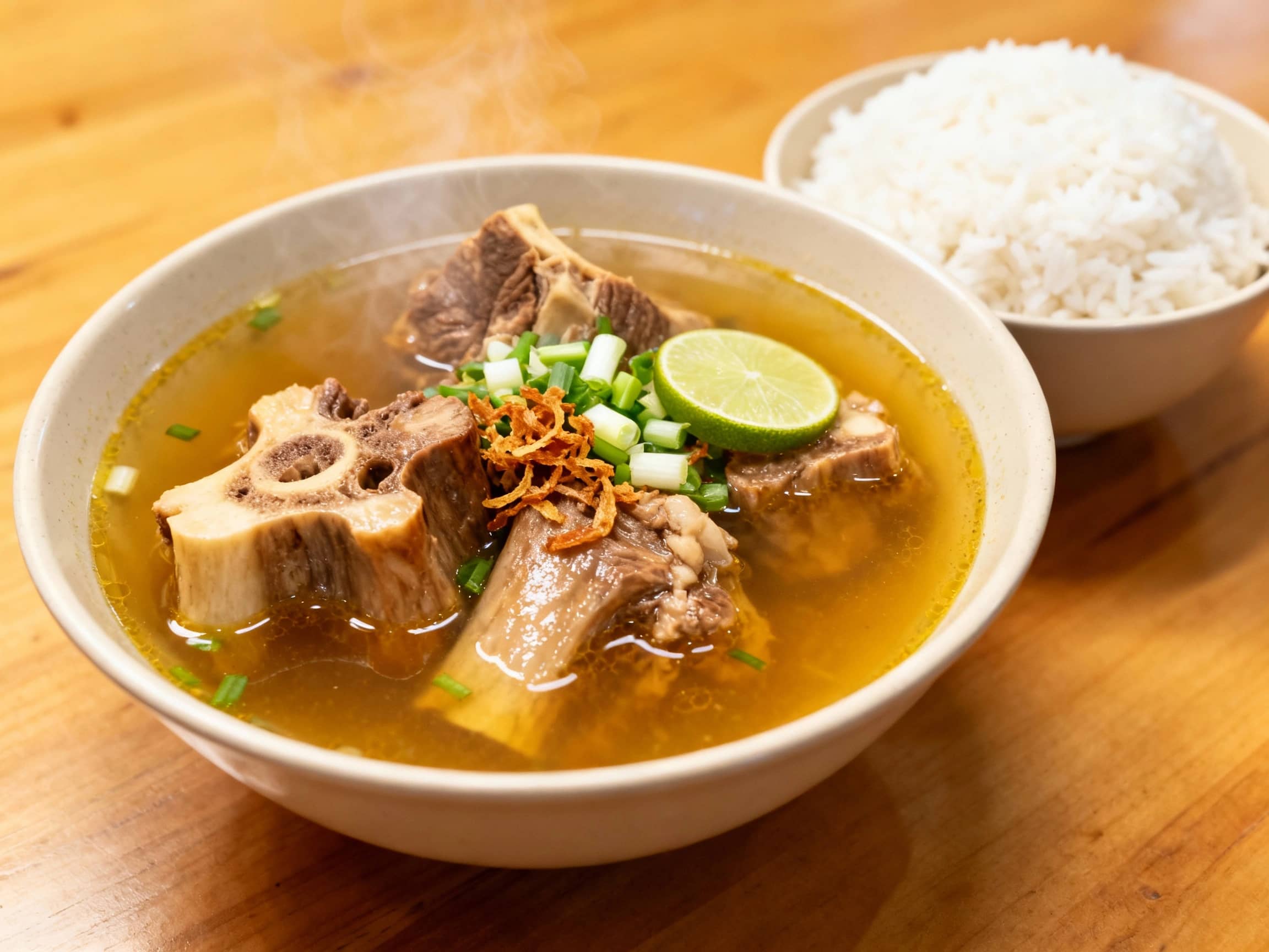A steaming bowl of Sop Buntut, viewed from a slightly elevated angle, showcasing the rich, clear golden broth. Several large, succulent pieces of oxtail, glistening with reduced broth, are visible, with meat easily separating from the bone. Garnish of chopped scallions, fried shallots, and possibly a slice of lime are artfully placed. A portion of steamed white rice is served alongside in a separate bowl. The lighting is warm and inviting, reminiscent of a cozy evening meal. The background is a simple wooden table, suggesting a home setting or a traditional Indonesian restaurant.