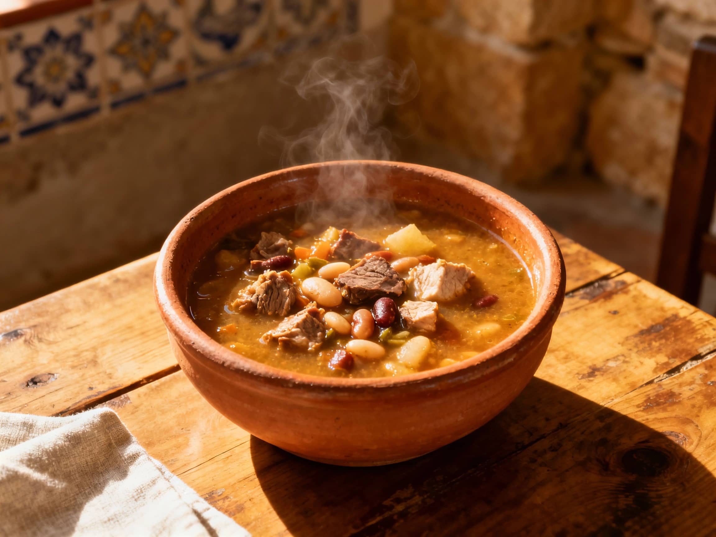 A rustic, earthenware bowl filled to the brim with a thick, hearty 'Sopa da Pedra' in Almeirim, Portugal. Chunks of various meats, beans, and vegetables are visible in the rich broth. Steam gently rises from the soup. The bowl is placed on a weathered wooden table, perhaps with a simple linen napkin nearby. In the background, softly blurred, one might see traditional Portuguese tiles or the warm stone walls of a rustic eatery. The lighting is warm and inviting, suggesting late afternoon sunlight, casting gentle shadows and highlighting the textures of the food. Close-up, slightly overhead view.