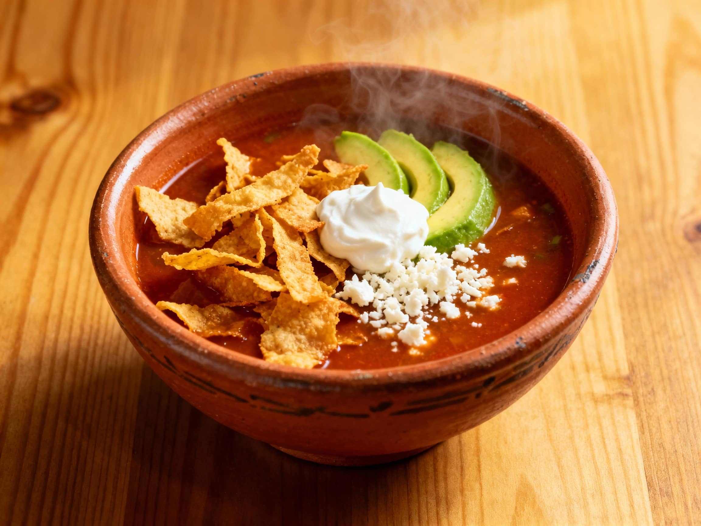 A warm, inviting bowl of Sopa de Tortilla, rich reddish-brown broth topped generously with golden-brown fried tortilla strips, vibrant green avocado slices, crumbled white cheese, and a dollop of crema. Served in a traditional Mexican ceramic bowl on a wooden table, with a soft, warm overhead light. Close-up, slightly elevated angle.