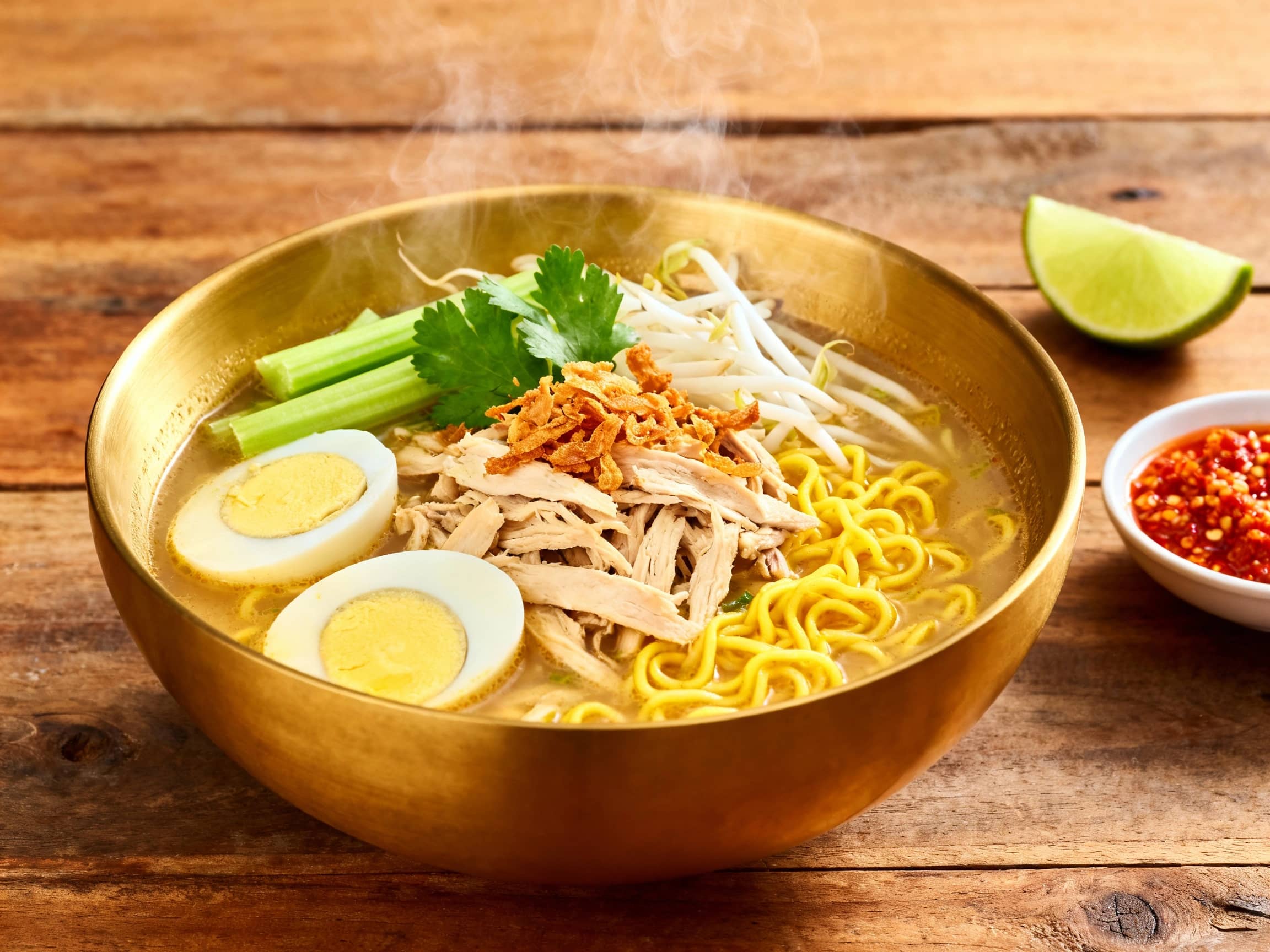 A steaming, golden bowl of Soto Ayam, traditional Indonesian chicken soup. The rich, aromatic broth is filled with shredded chicken, yellow noodles, and sliced hard-boiled eggs. Garnishes of fresh celery leaves, crunchy fried shallots, and bean sprouts are artfully placed on top. A wedge of lime and a small dish of fiery sambal are on the side. Presented on a rustic wooden table, the lighting is warm and inviting, highlighting the steam rising from the soup, emphasizing its comforting nature. Eye-level shot.