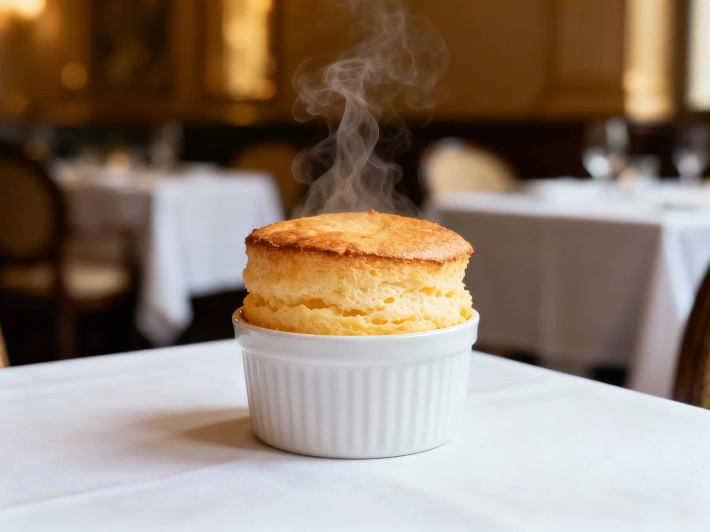 A perfectly risen, golden-brown cheese soufflé in a white ceramic ramekin, centered on a pristine white tablecloth. Steam delicately rises from the top, the texture is light and airy. The background is softly blurred but suggests an elegant, minimalist dining setting, with gentle, diffused lighting, captured from an eye-level perspective.