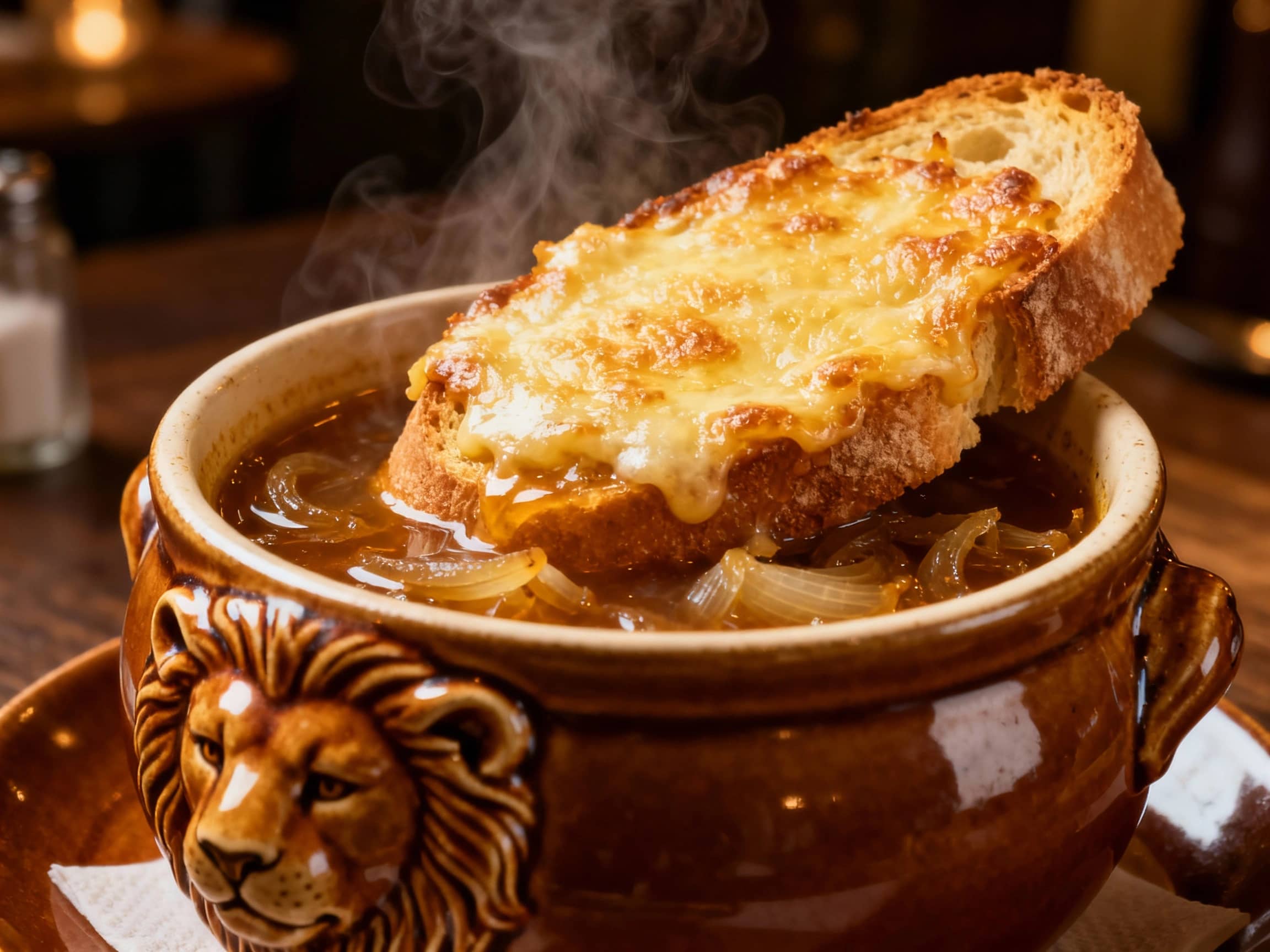 A steaming bowl of classic French Onion Soup (Soupe à l'oignon gratinée) in a traditional lion's head ceramic bowl, topped with a thick, golden-brown crust of melted Gruyère cheese over a slice of toasted baguette. The rich, amber broth and caramelized onions are visible beneath the cheese. The setting is a cozy, dimly lit French bistro, with soft, warm light emphasizing the inviting nature of the soup. Close-up, warm, and comforting.