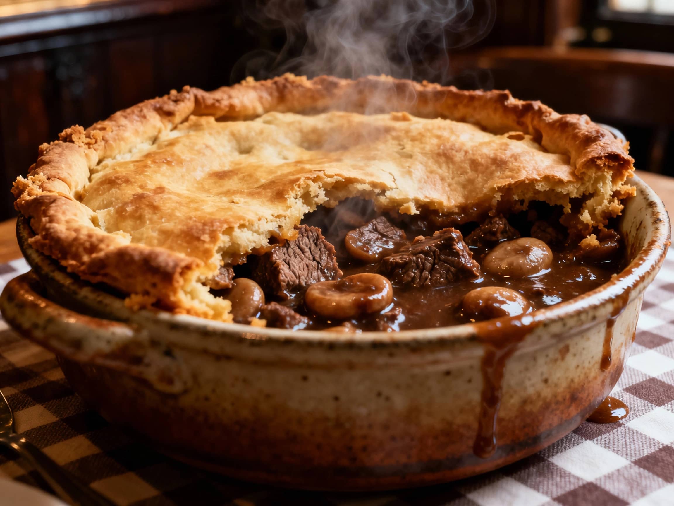 A close-up, slightly angled view of a golden-brown Steak and Kidney Pudding, freshly baked and served hot in a rustic ceramic pie dish. Steam gently rises from the surface, revealing the rich, dark gravy seeping from the tender chunks of beef and kidney within the suet pastry. The pastry should look slightly crumbly at the edges, suggesting its homemade quality. The background hints at a cozy, dimly lit traditional British pub setting with dark wood elements and a hint of a checkered tablecloth. The lighting is warm and inviting, emphasizing the comforting nature of the dish. Photorealistic, high-detail, food photography style.