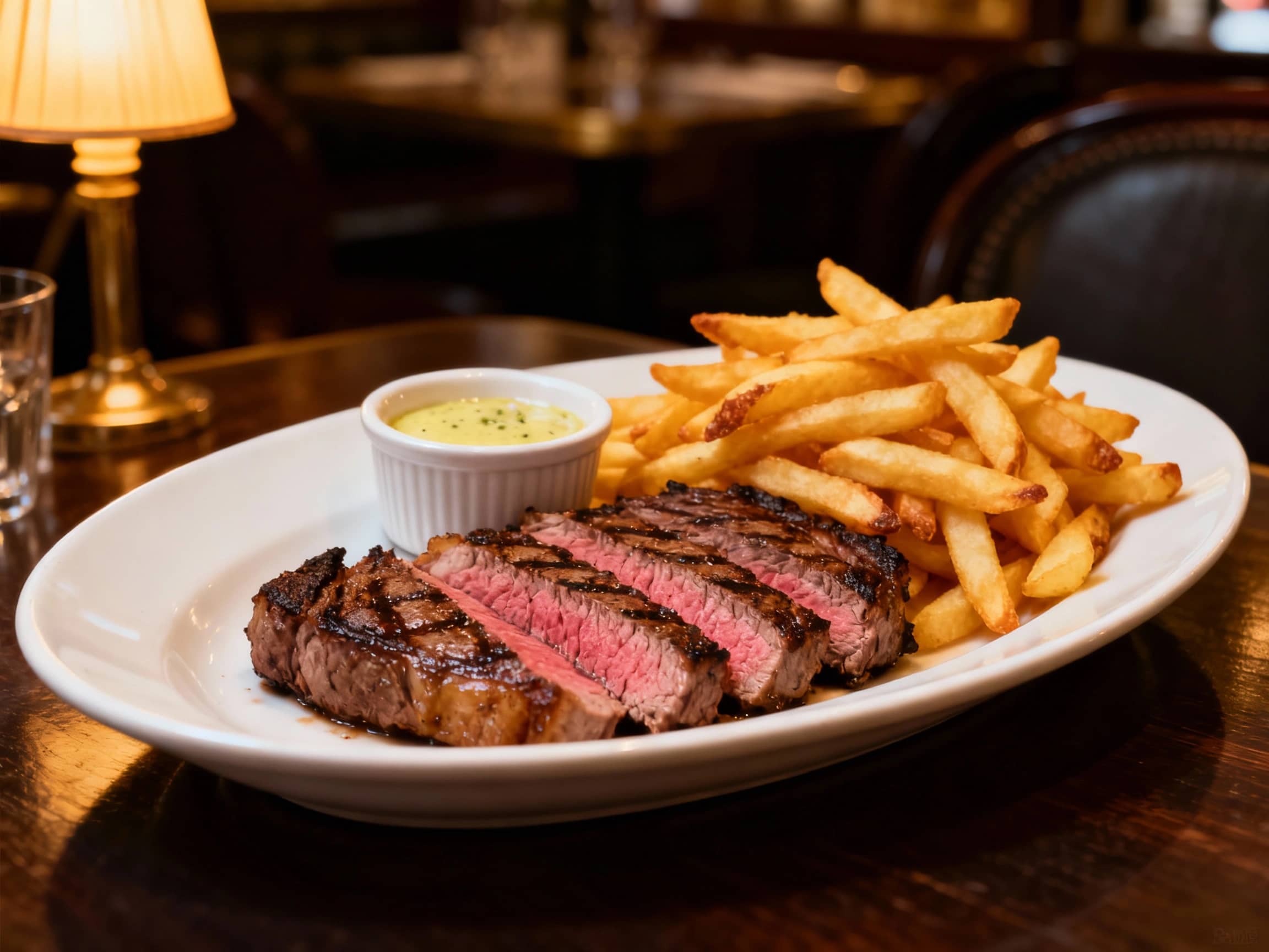 A perfectly grilled medium-rare steak, sliced to show its pink interior, elegantly plated on a simple white oval dish alongside a generous mound of golden, crispy French fries. A small ramekin of béarnaise sauce is placed on the side. The setting is a chic Parisian bistro, with a dark wooden table and a subtle, warm lamp light creating a sophisticated yet inviting atmosphere. Close-up, well-composed, and appetizing.